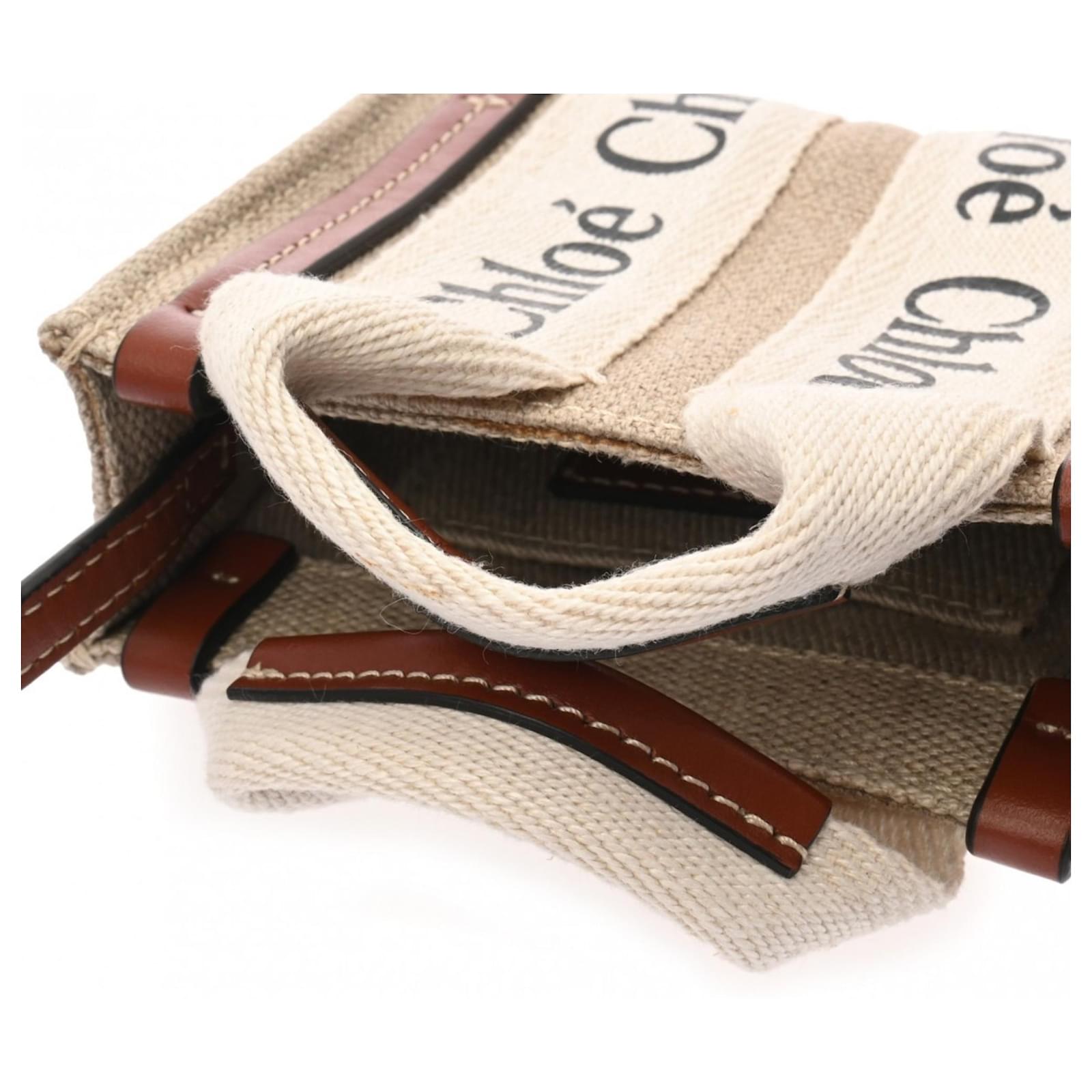 Chloé Woody Nano Shoulder Bag Brown White Grey Leather Linen