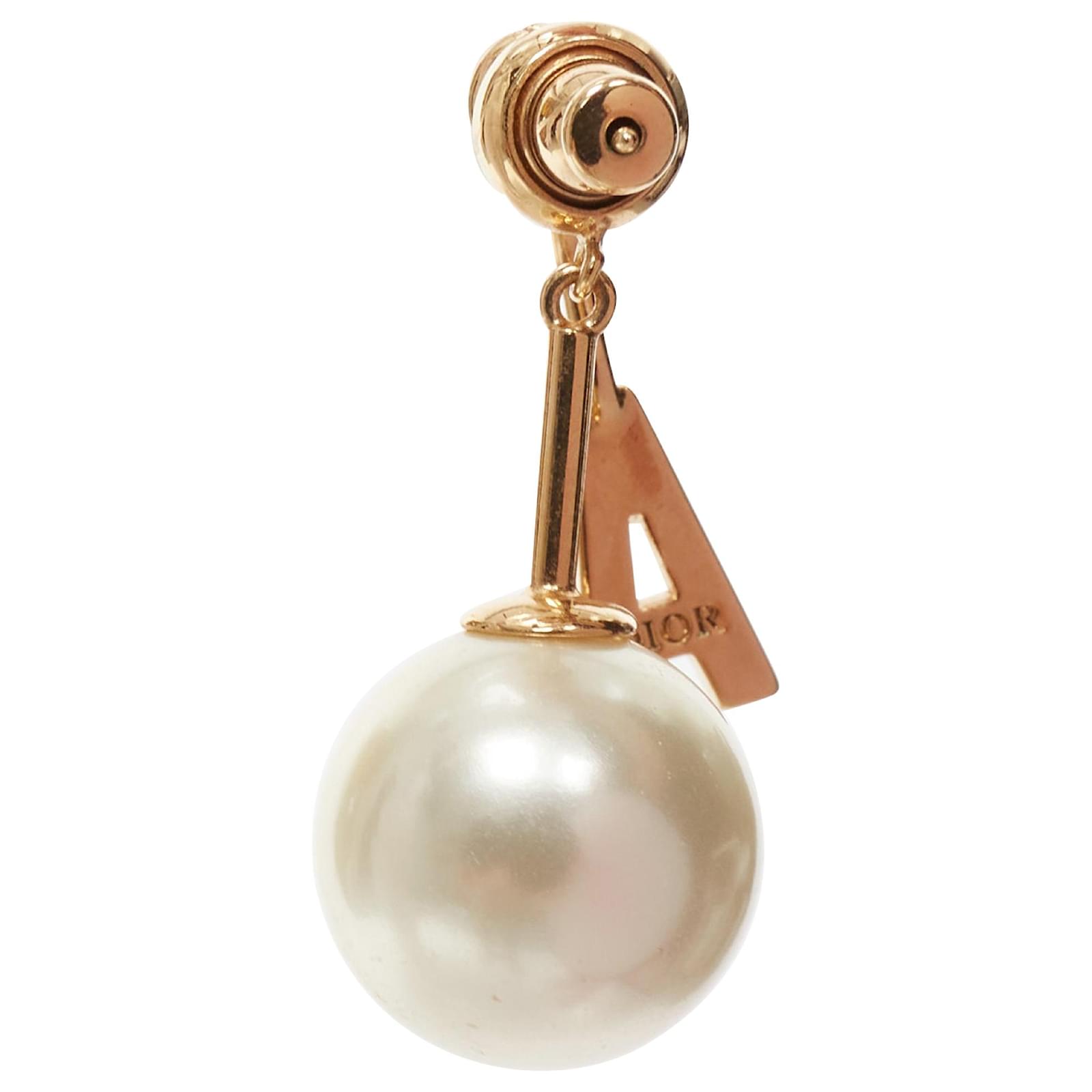 Dior Tribales Gold Metal Letter A Faux Pearl Dangling Pin Earring