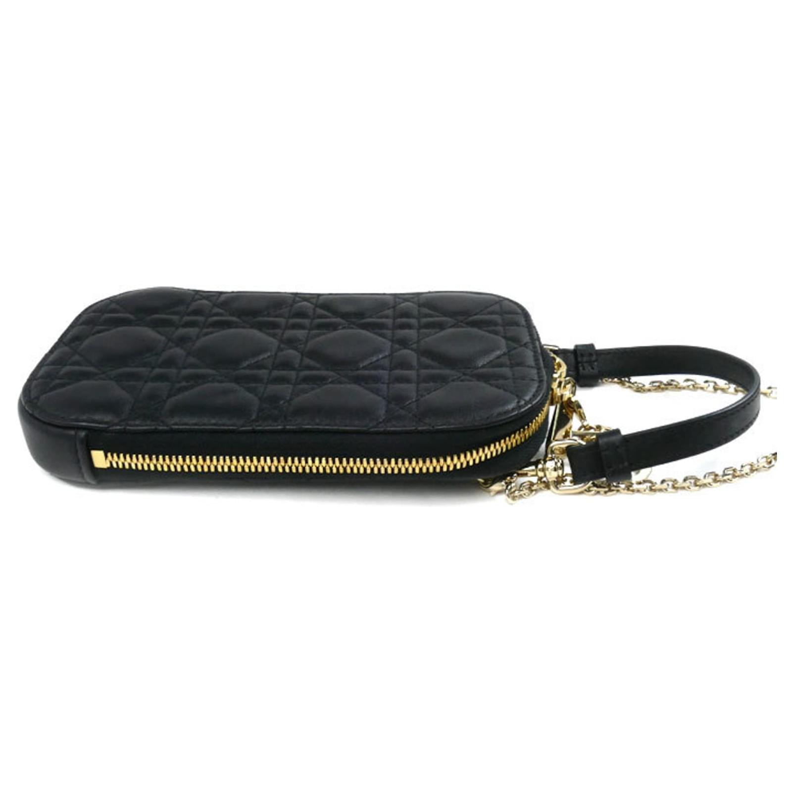 Christian Dior Lady Cannage Phone Pouch Black Leather ref