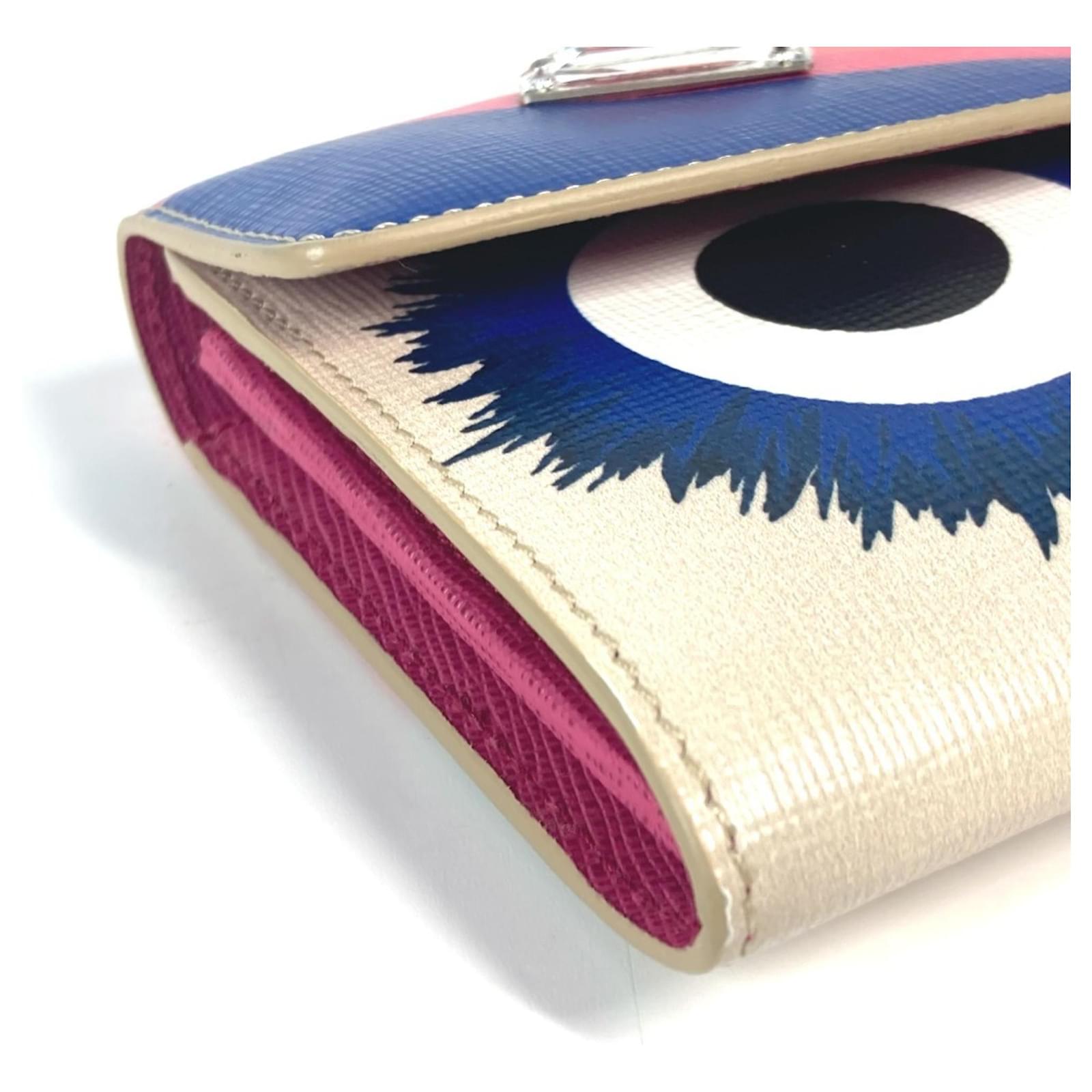 Fendi Long Wallet with Bugs Monster Design Pink Blue Cream Leather