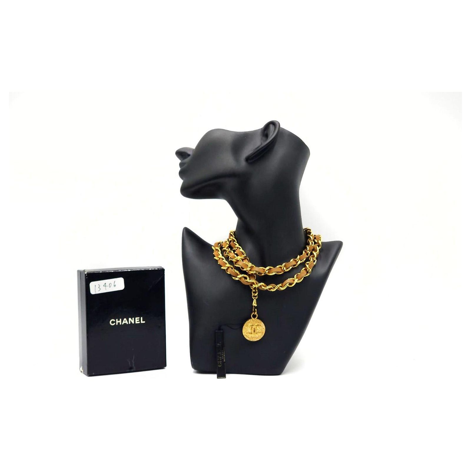 Chanel 1982 24K Gold Plated CC Medallion Beige Leather Chain 