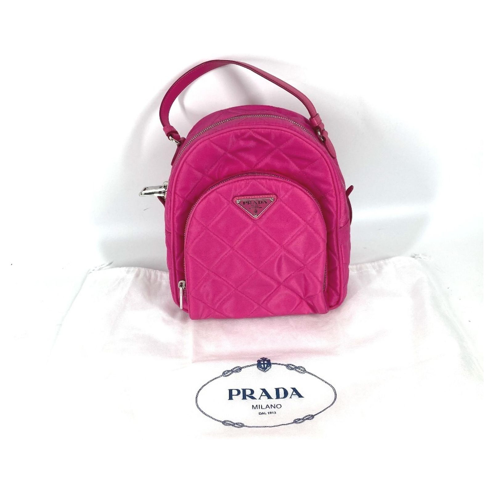 Saffiano Prada 1BZ066 Triangle Plate Quilted Backpack Pink Leather 