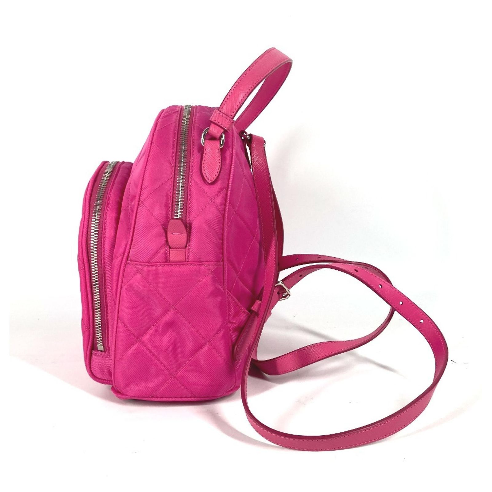 Saffiano Prada 1BZ066 Triangle Plate Quilted Backpack Pink Leather