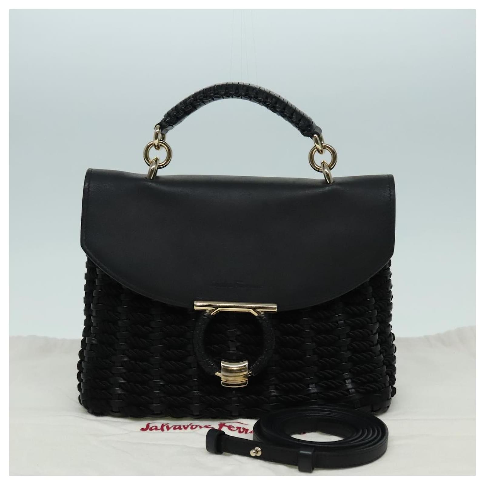 Salvatore Ferragamo Margot Hand Bag Leather 2way Black Gold