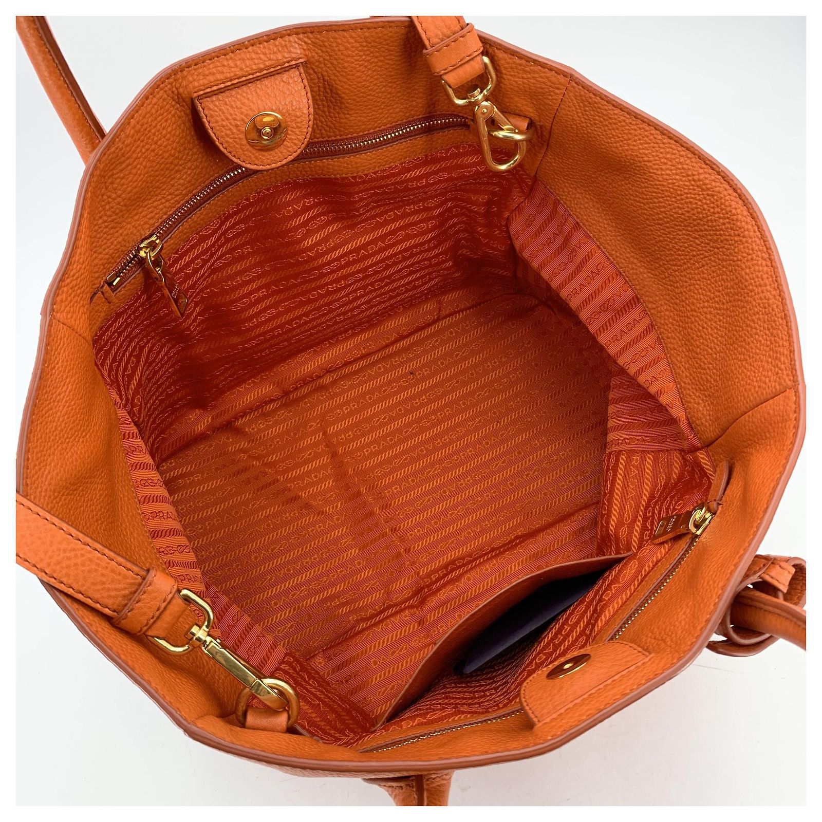 Prada Orange Vitello Daino Leather Tote Shopping Bag with Strap 
