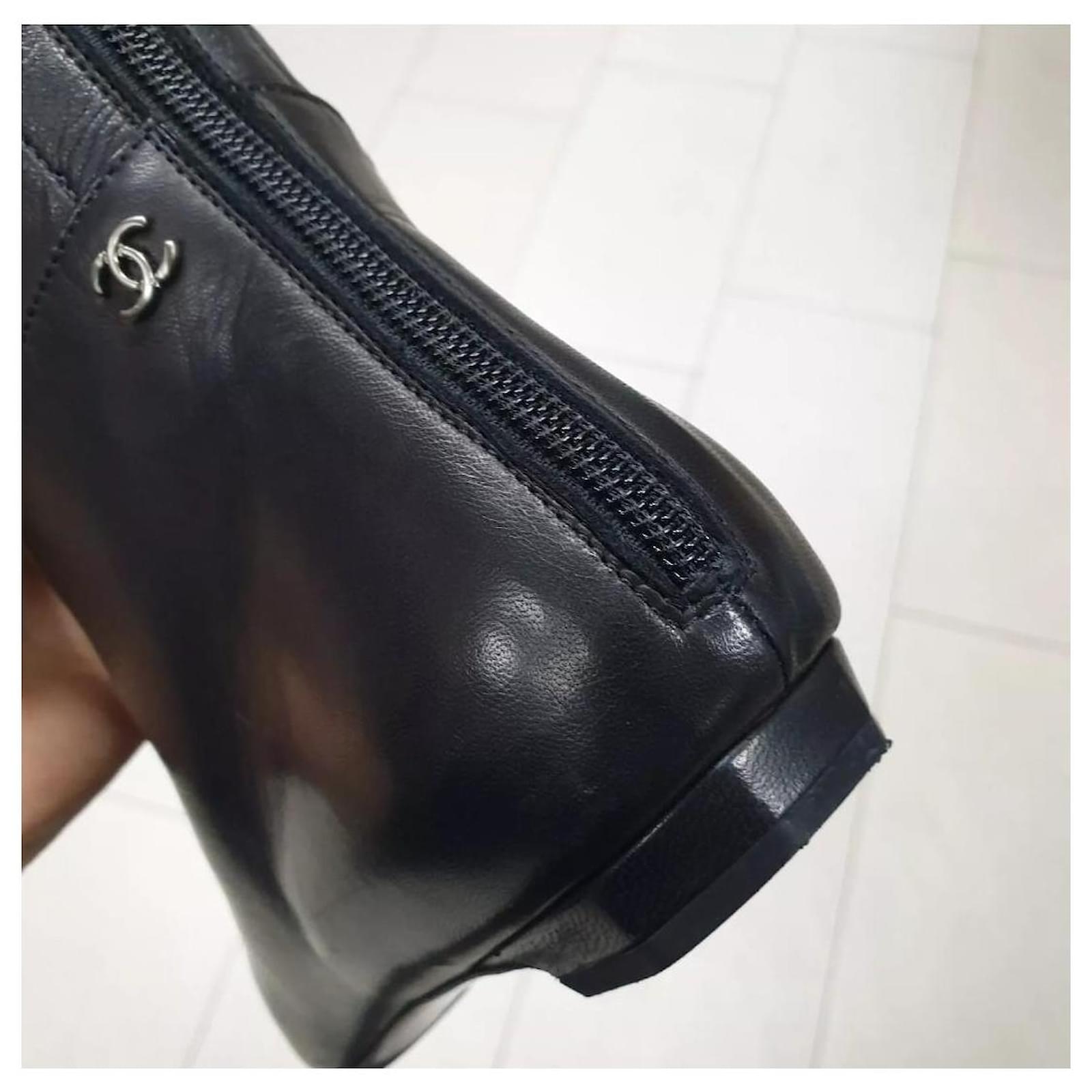 Chanel Black Leather Metal Cap Toe Thigh Boots Sz. 38.5 ref