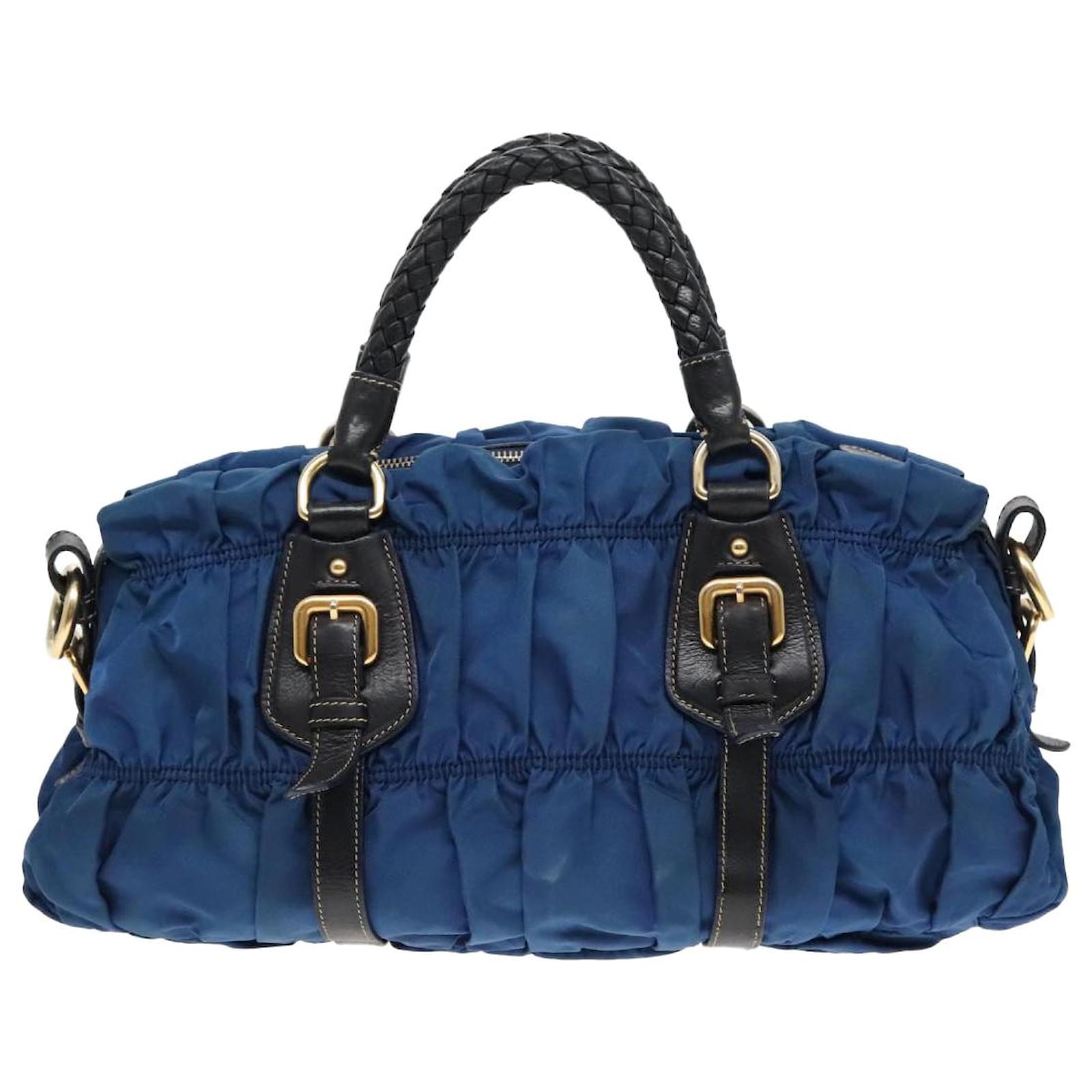 PRADA Gathered Hand Bag Nylon Leather 2way Blue Gold Auth PRADA Gathered Hand Bag Nylon Leather 2way Blue Gold Auth