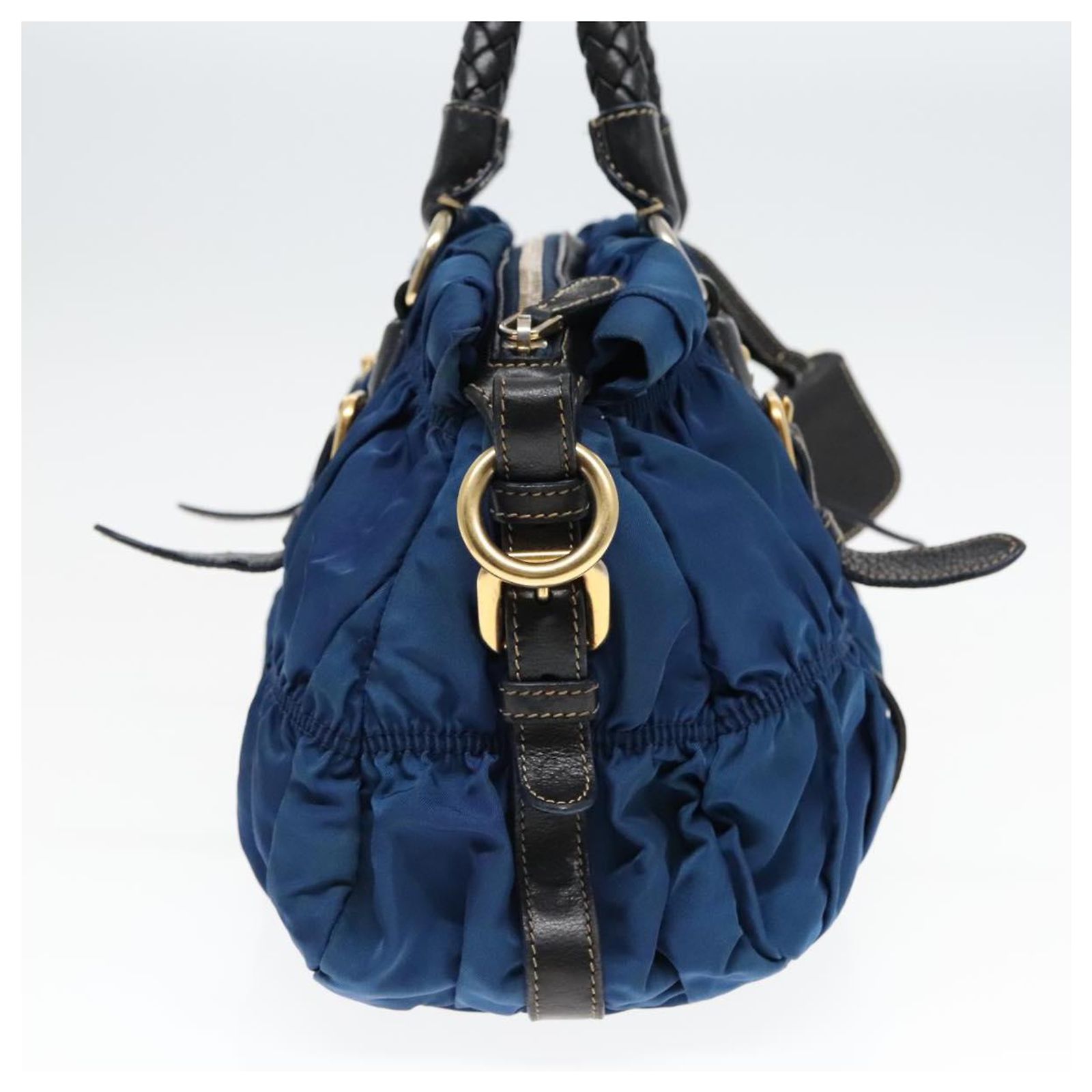 PRADA Gathered Hand Bag Nylon Leather 2way Blue Gold Auth ki5003 
