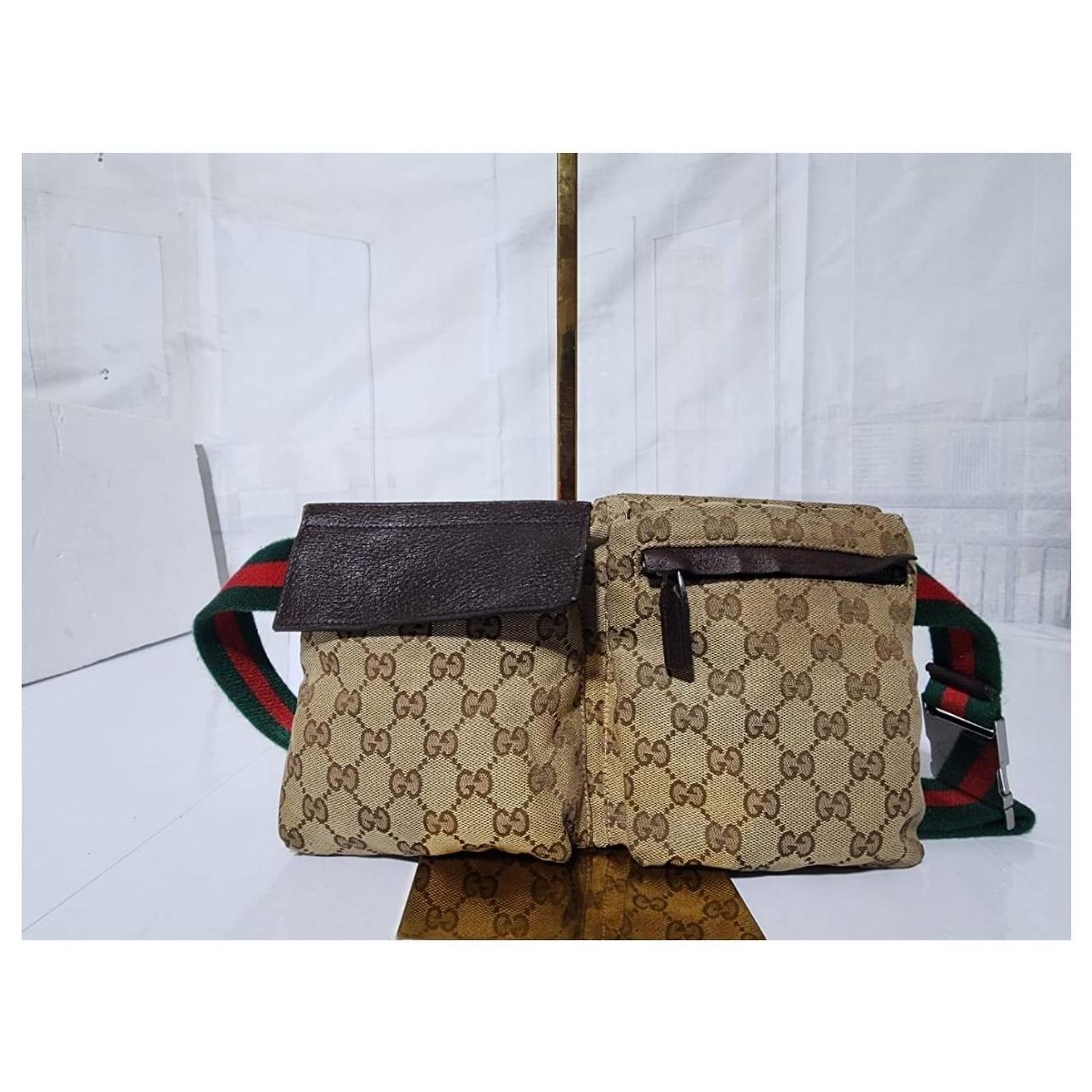 GUCCI GG Monogram Double Pocket Belt Waist Bag Dark Brown 