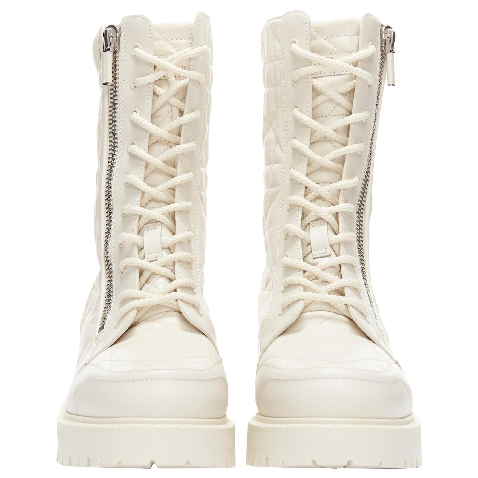 Christian Dior d-leader cannage quilted leather ankle boots White