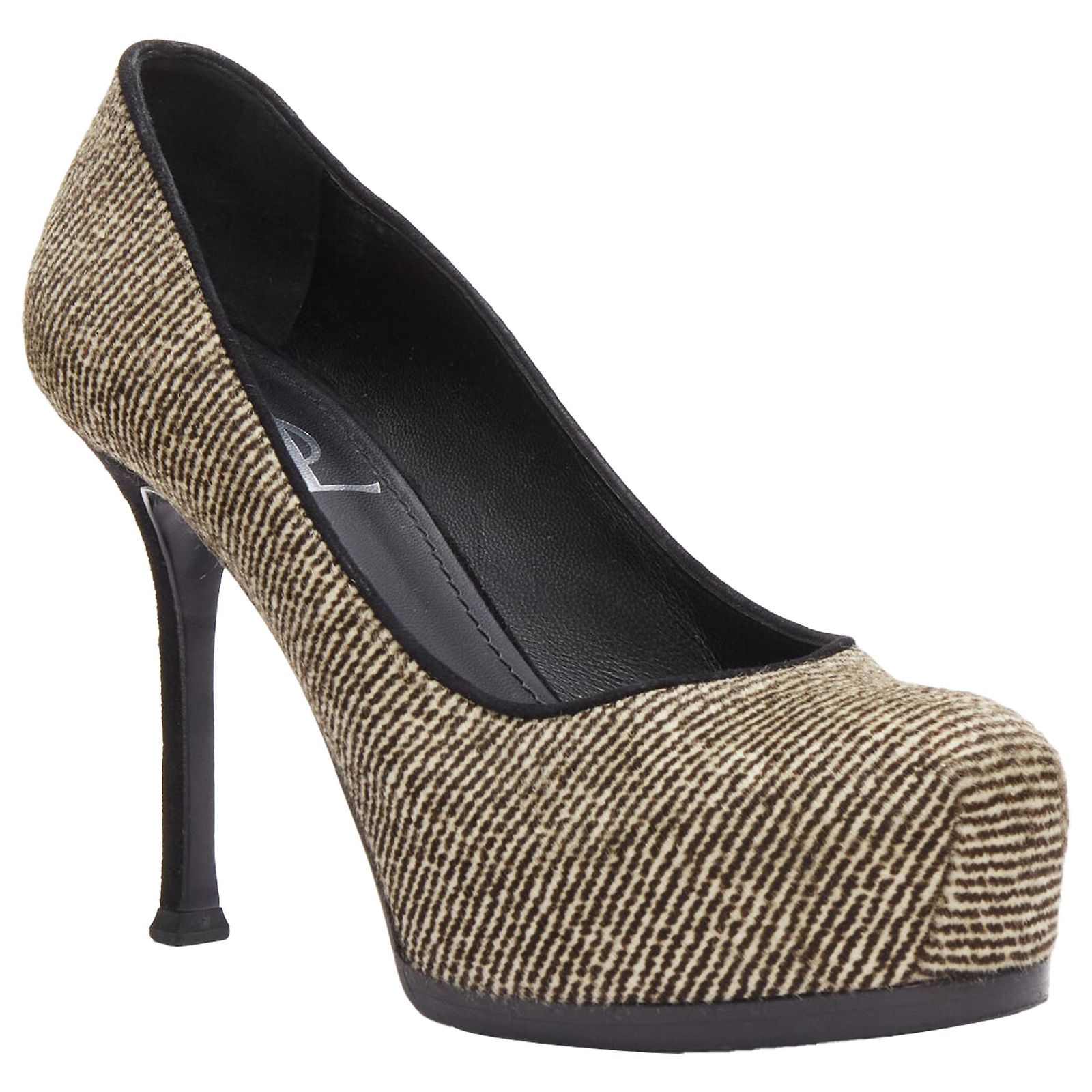 Yves Saint Laurent Tribtoo wool tweed platform heel pump Brown ref ...