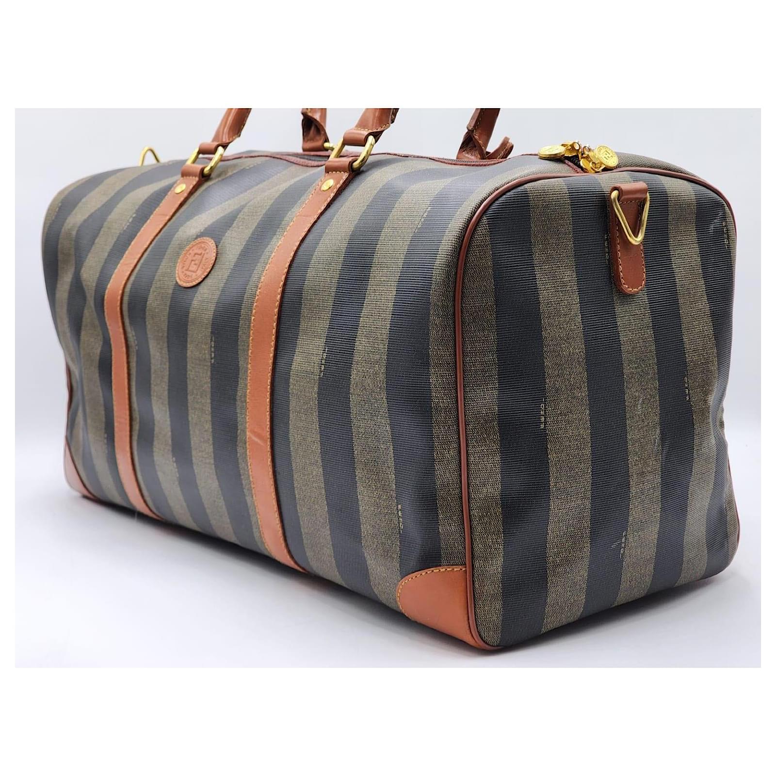 Fendi Pequin Pecan Bauletto Stripe Boston Travel Bag with Strap