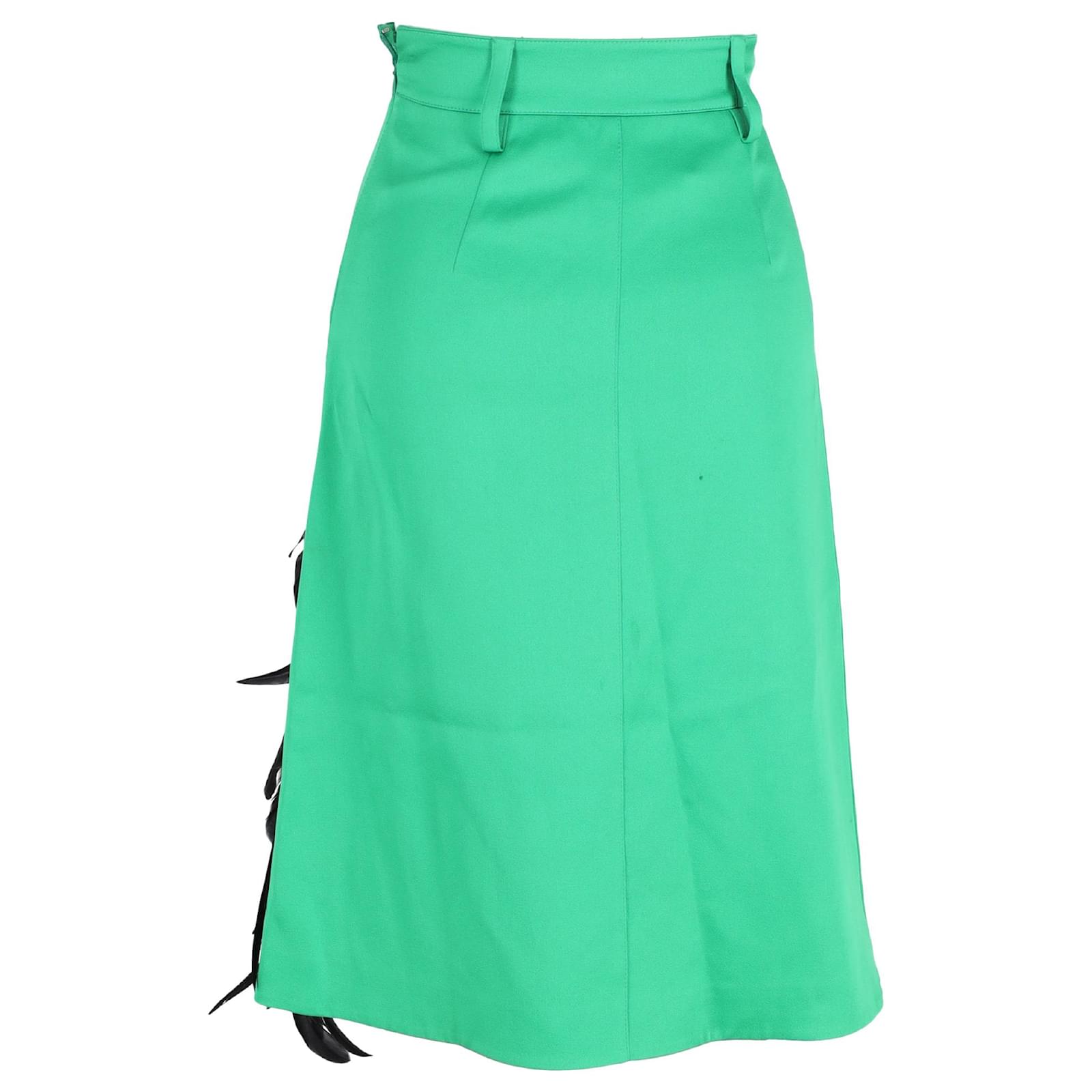 Prada Feather-Trimmed Knee-Length A-Line Skirt in Green Wool