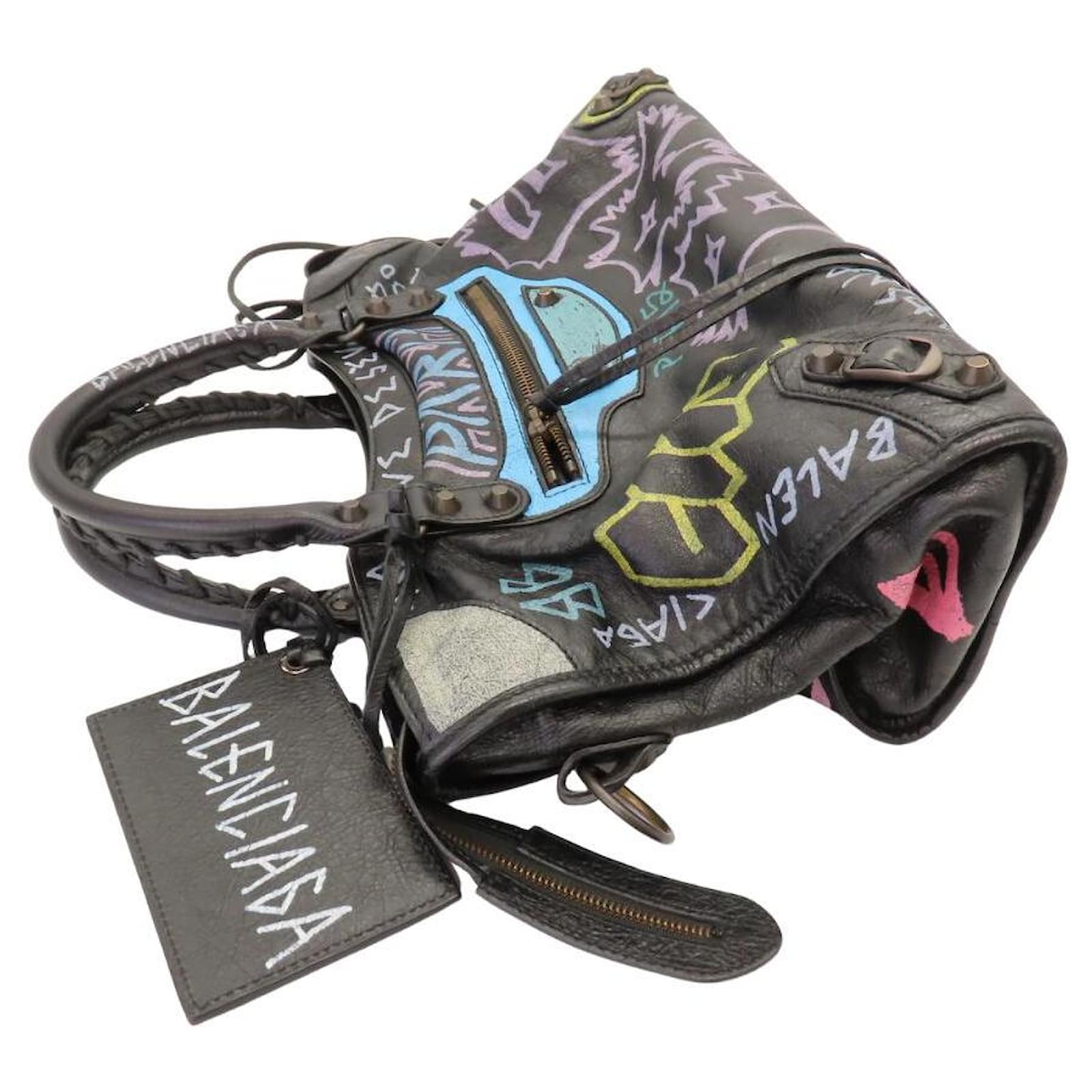 Sac à main en cuir graffiti Balenciaga Noir Joli Closet