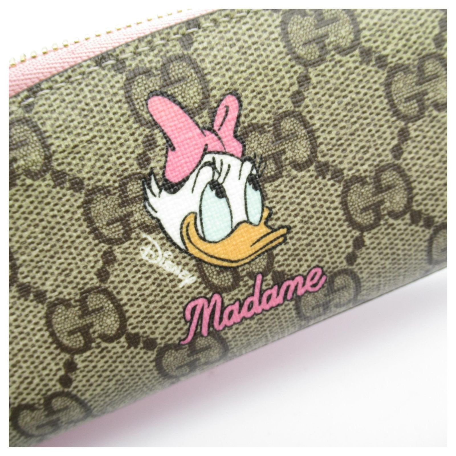 GUCCI Daisy Duck Pencil Case Pink Beige Leather Cloth Plastic ref 