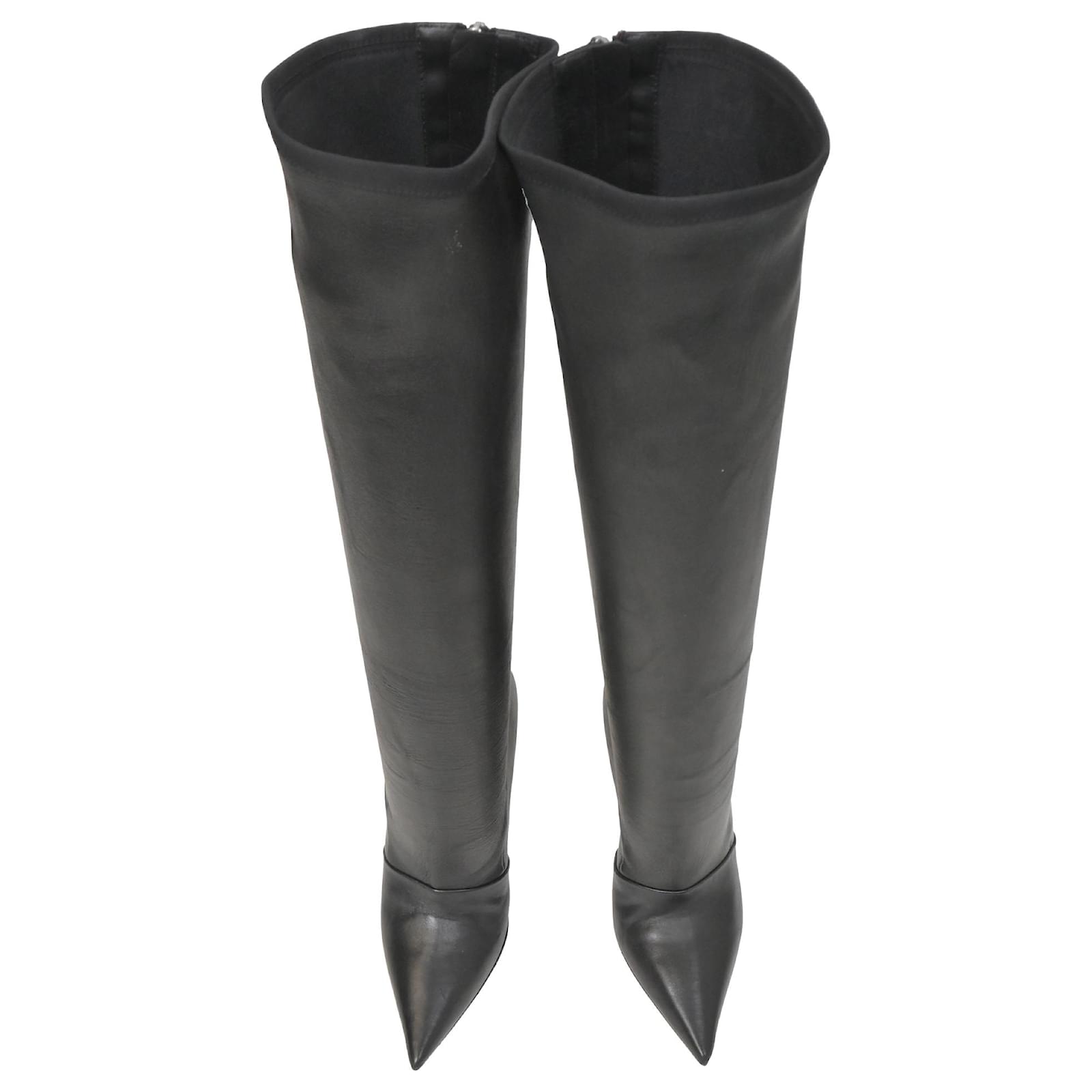 Stivali alti in pelle nera con punta affusolata Balmain, al