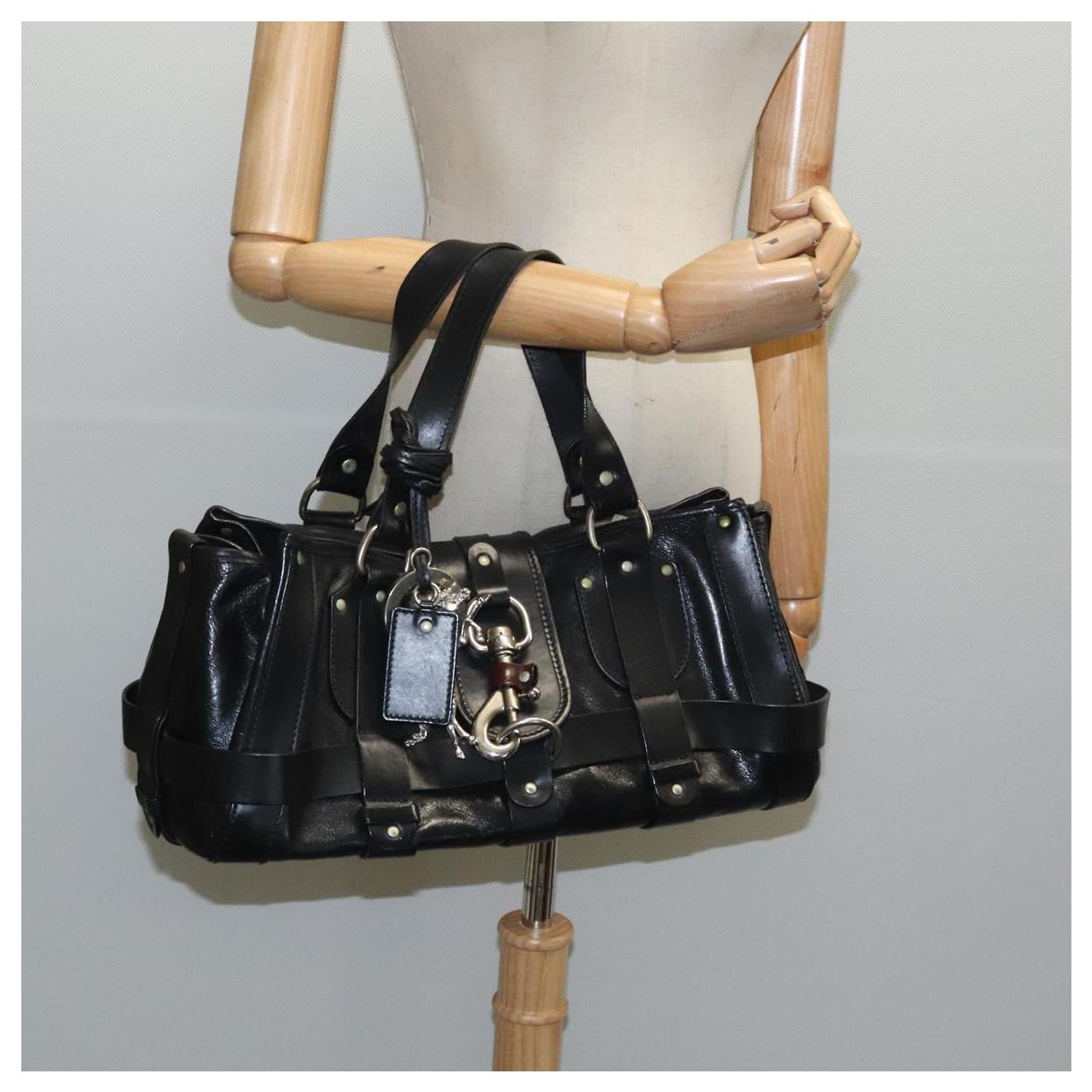 Chloé Chloe Kerala Horse Hand Bag Leather Black Silver Auth mr610 