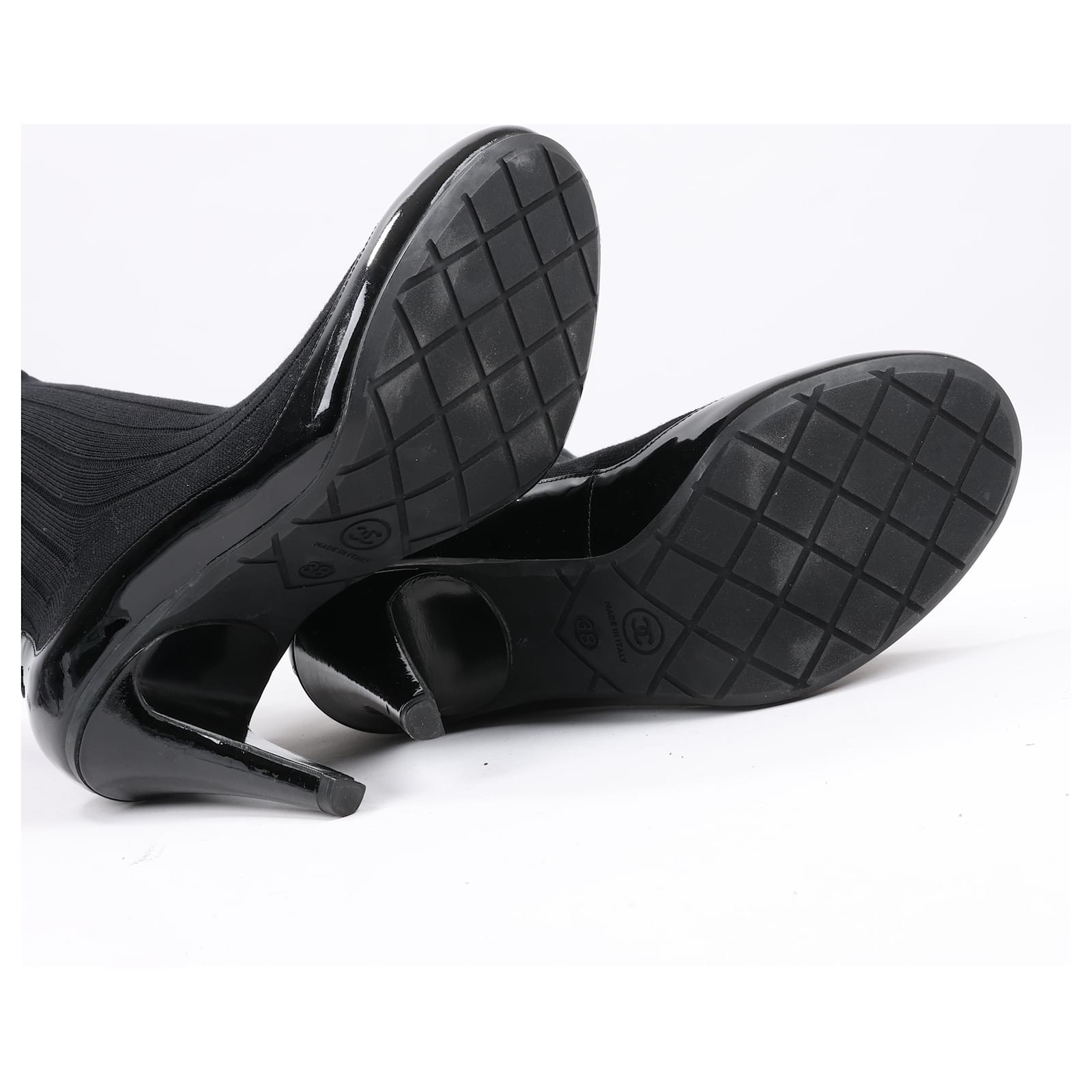 Chanel Coco Mark Patent Leather Pumps Knitted Socks Docking