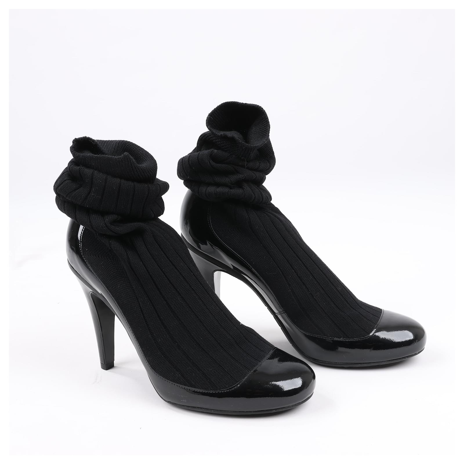 Chanel Coco Mark Patent Leather Pumps Knitted Socks Docking in