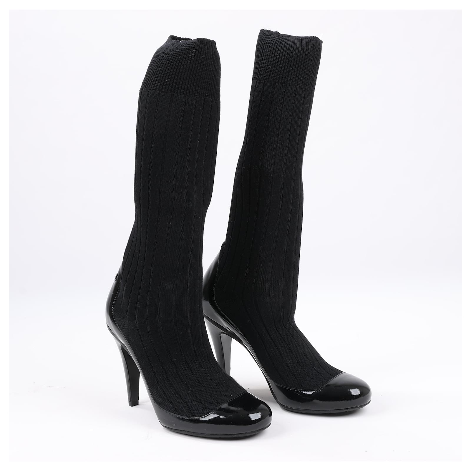 Chanel Coco Mark Patent Leather Pumps Knitted Socks Docking in