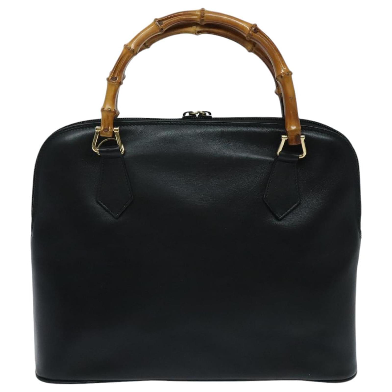 GUCCI Bamboo Hand Bag Leather 2way Black Gold 000 2214 0289 Auth