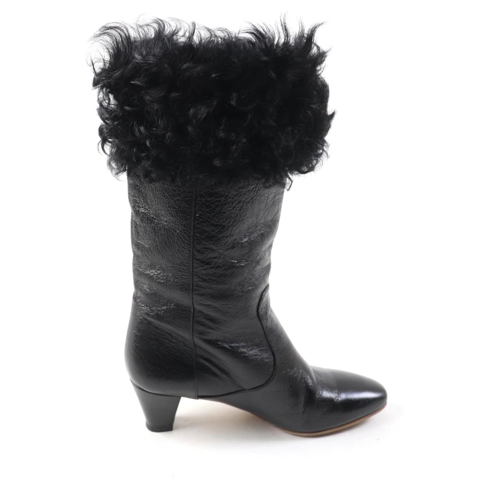 Chanel COCO MarkMetal Fur Leather Knee-high Boots Black ref
