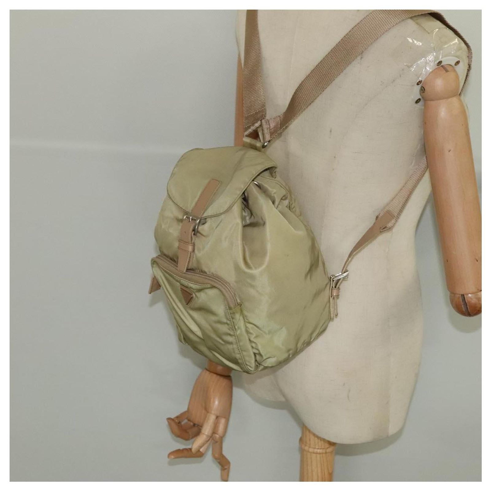 PRADA Backpack Nylon Khaki Silver Auth 98100 Silvery ref  display picture 1
