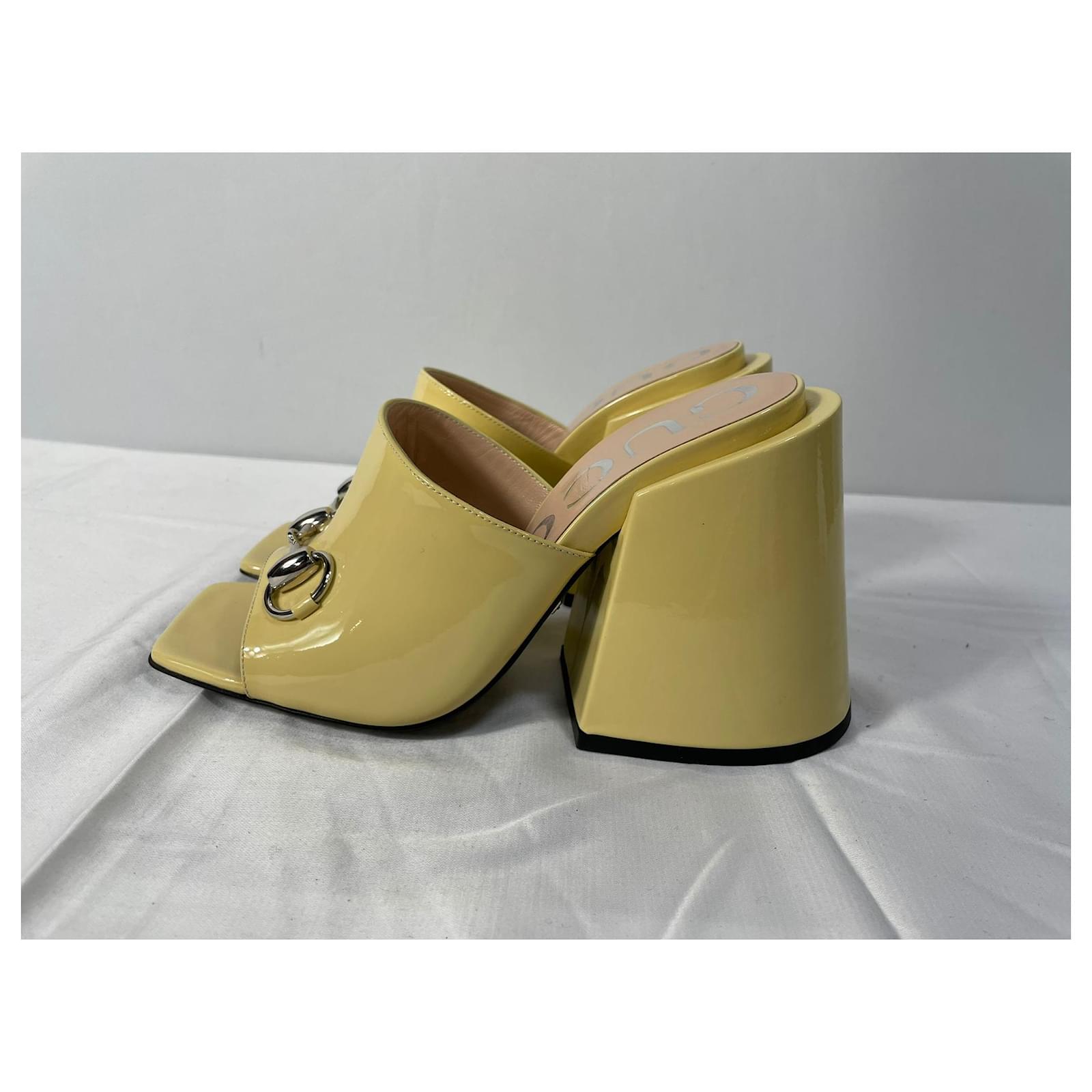 Gucci Lexi Horsebit Chunky Heeled Mules in Yellow Patent Leather