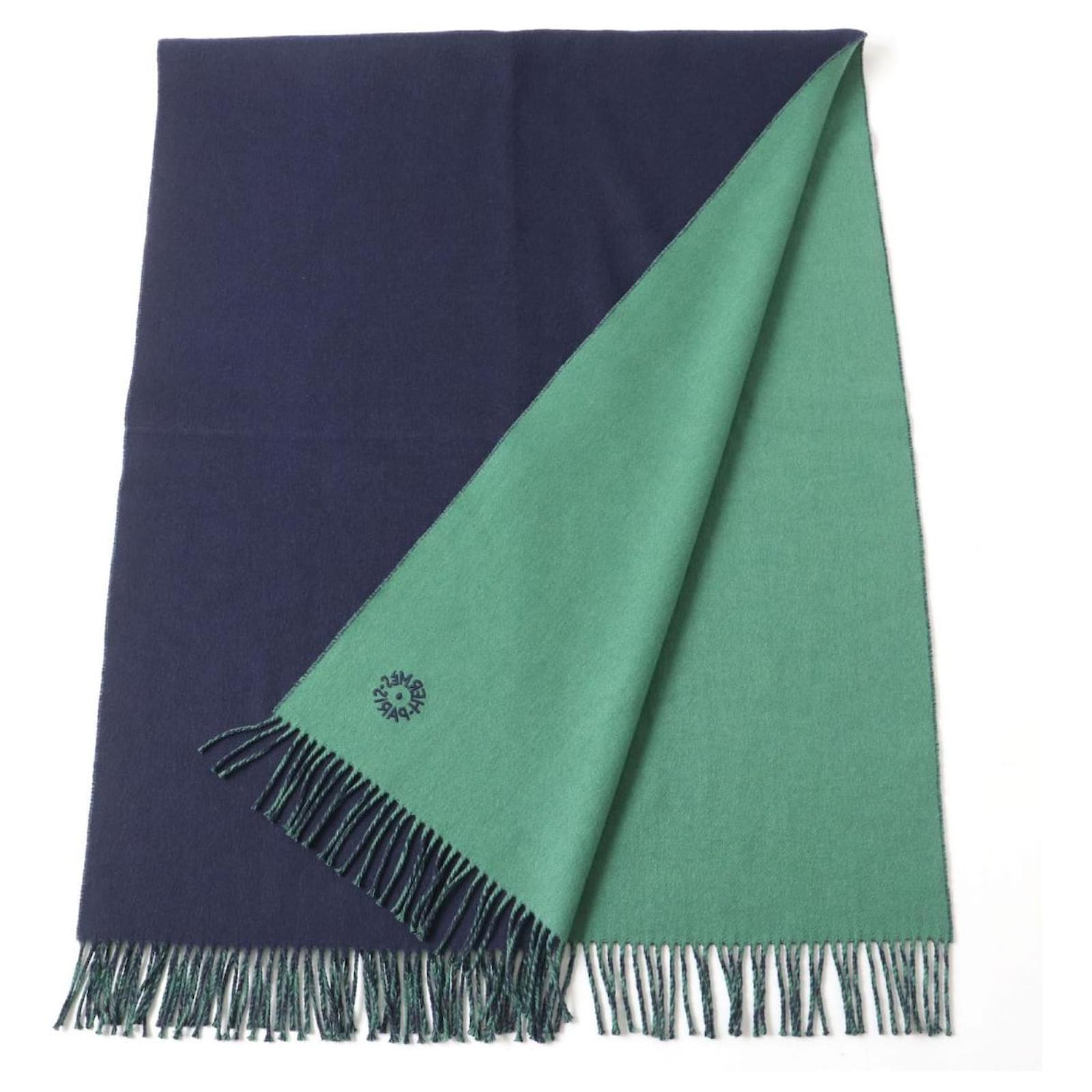 Hermès HERMES Cashmere Shawl Stole Scarf Navy Green Blue Cotton