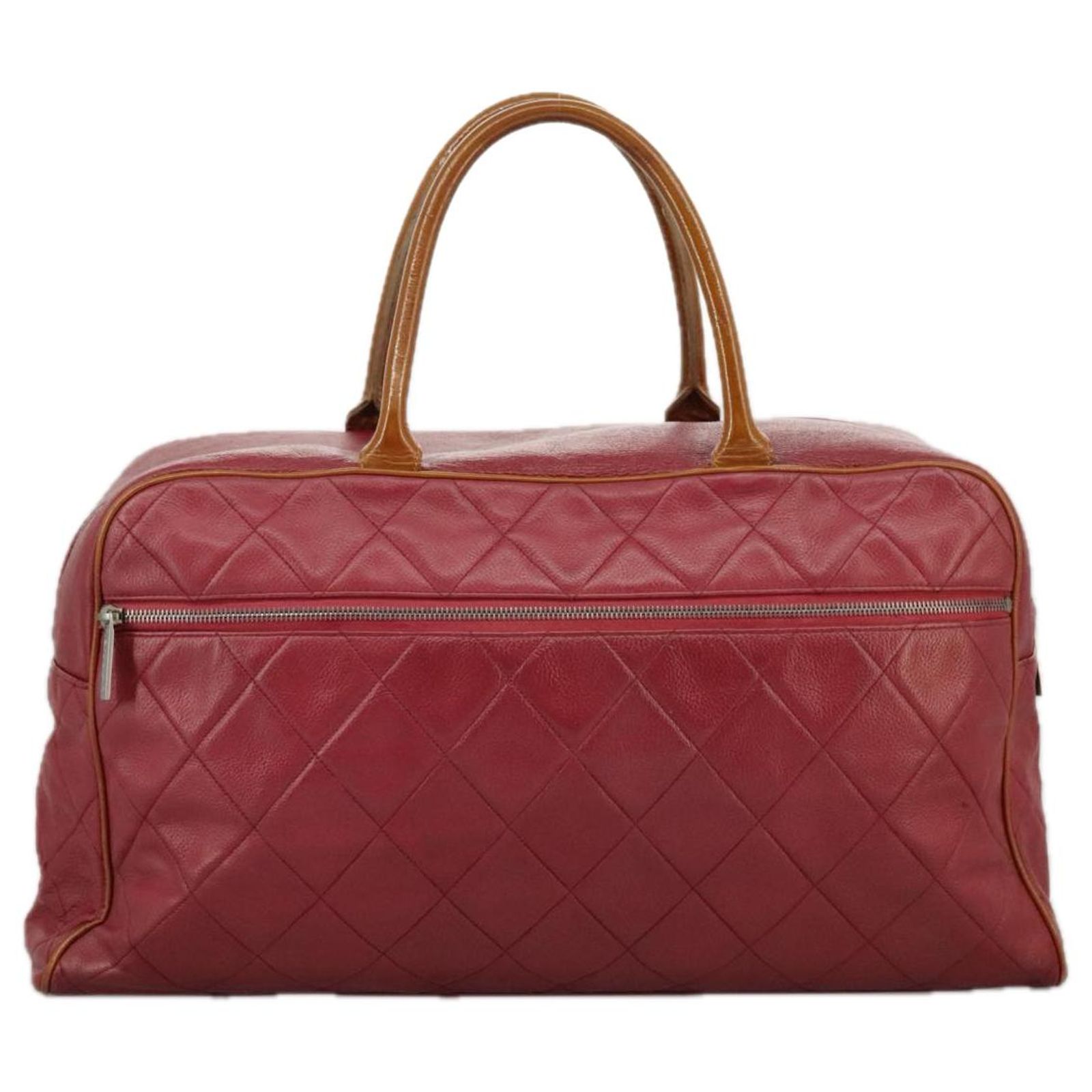 CHANEL Matelasse Boston Bag Caviar Skin Red CC Auth 97743 Leather 