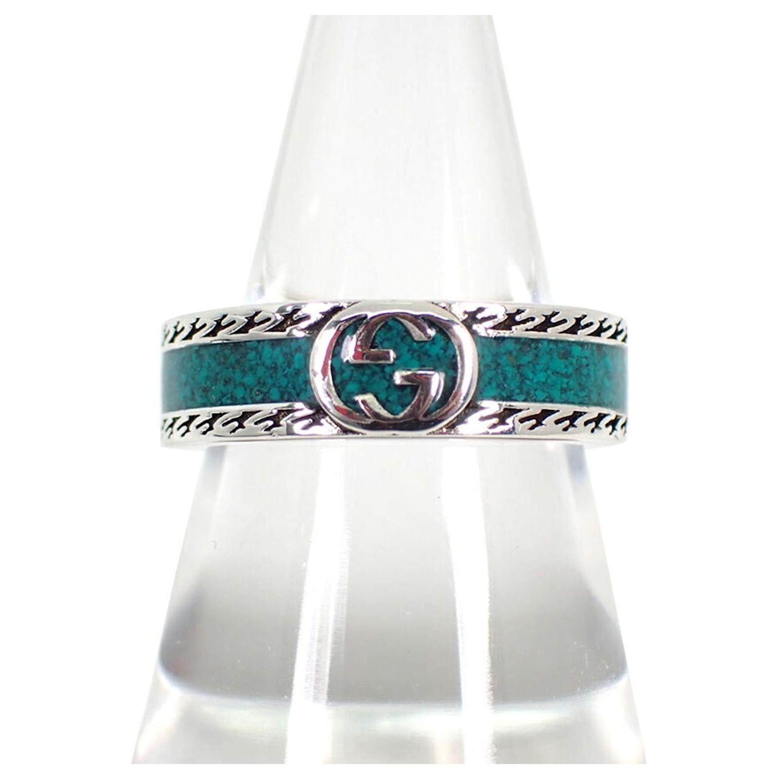 GUCCI 925 Interlocking G Turquoise Enamel Ring Silvery