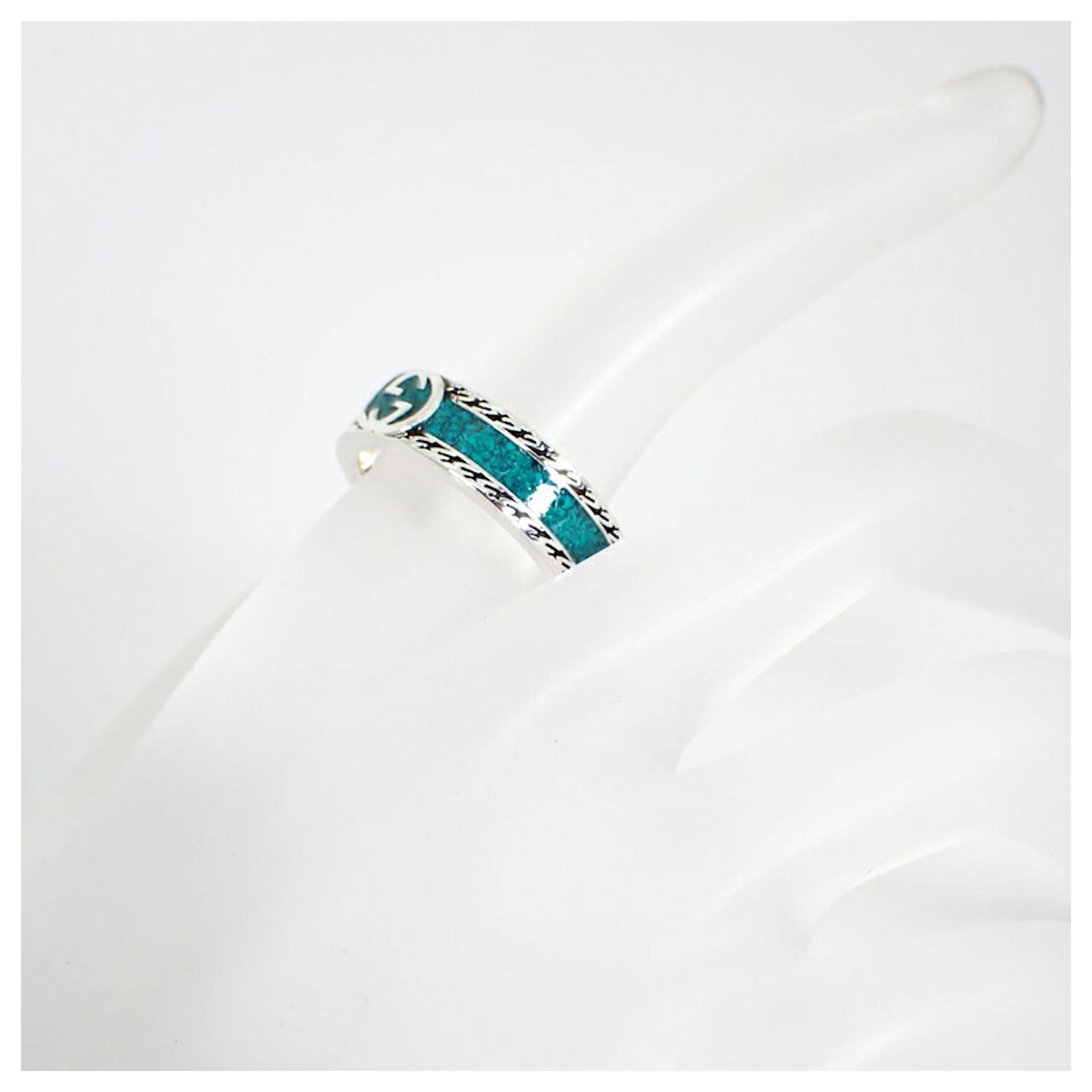 GUCCI 925 Interlocking G Turquoise Enamel Ring Silvery