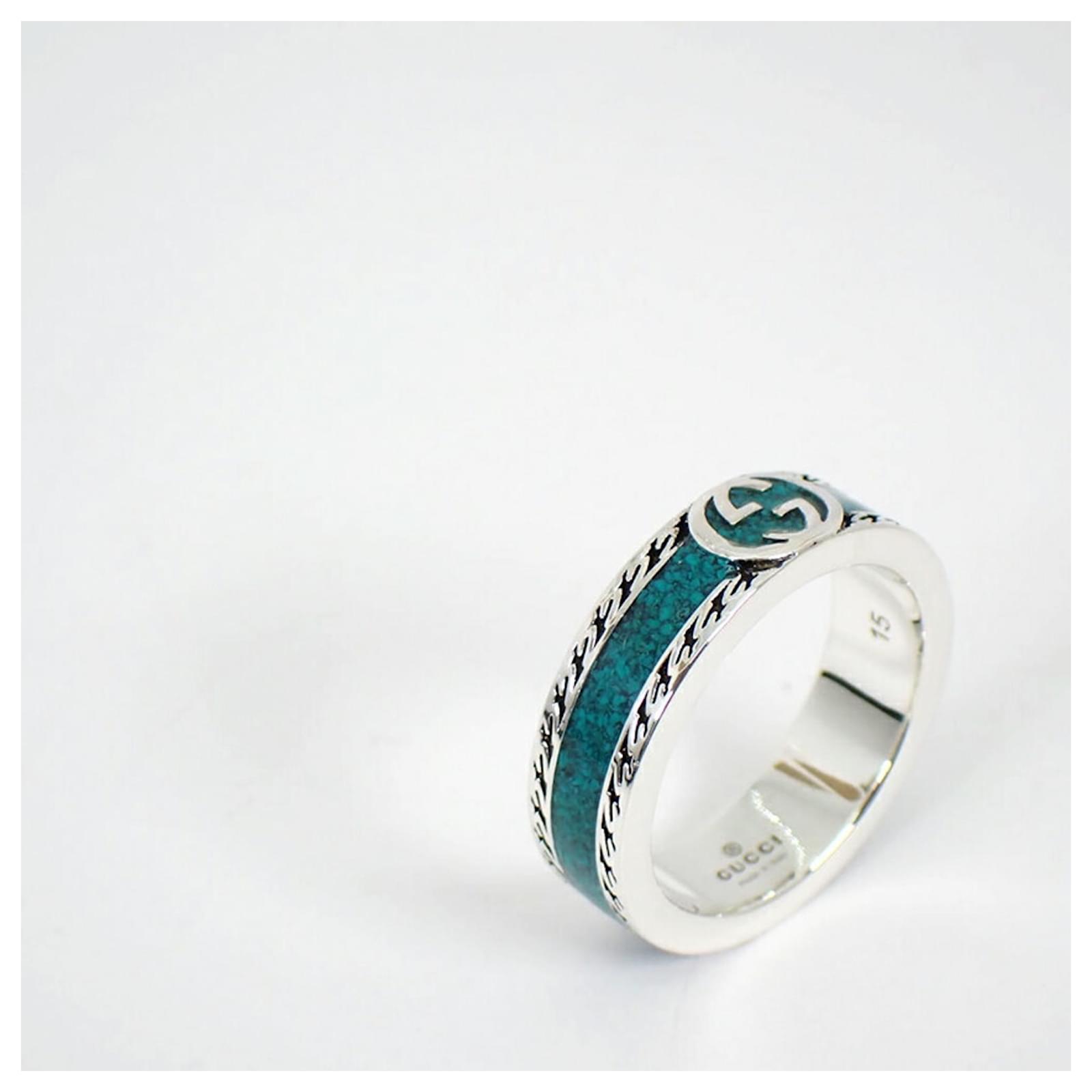 GUCCI 925 Interlocking G Turquoise Enamel Ring Silvery