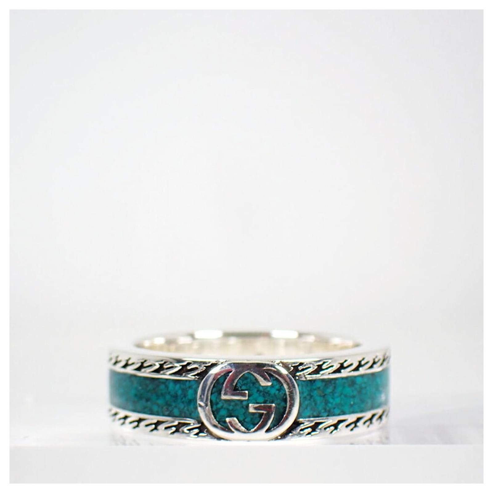 【Gucci】 Ring With Interlocking G Silver Turquoise Enamel Men's Interlocking G Silver & Enamel Band Ring | Neiman Marcus