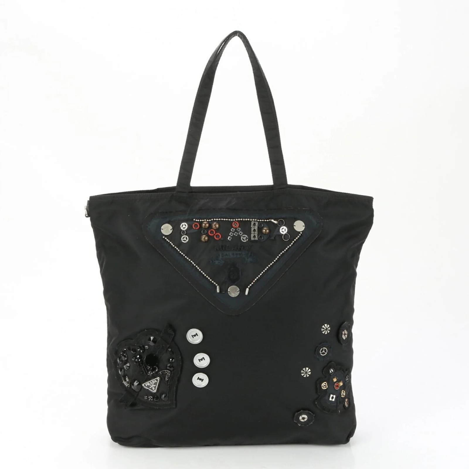 Prada Tessuto Nylon Tote Bag Black Leather ref.1847368