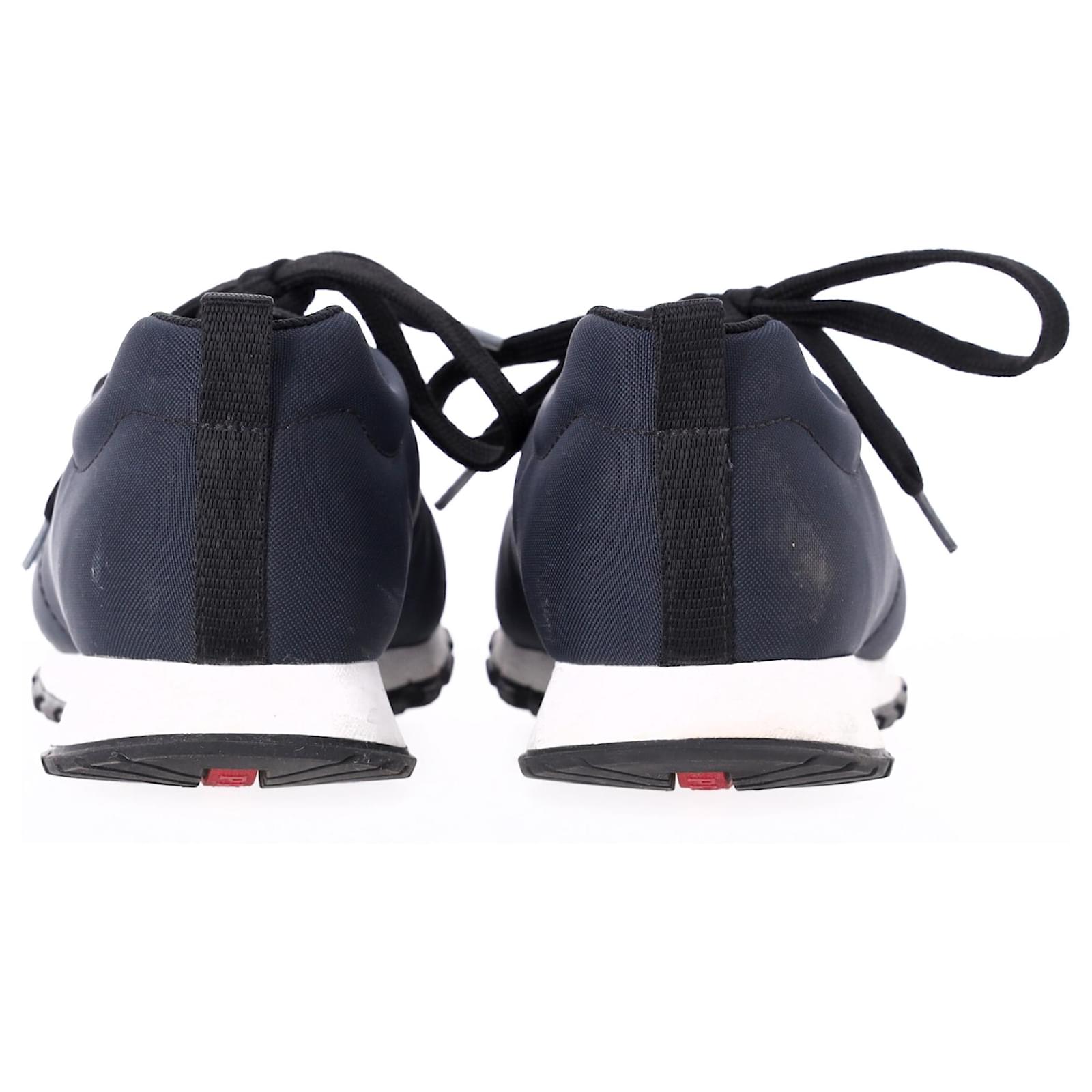 Prada Sport Low Top Lace Up Sneakers in Navy Blue Canvas and