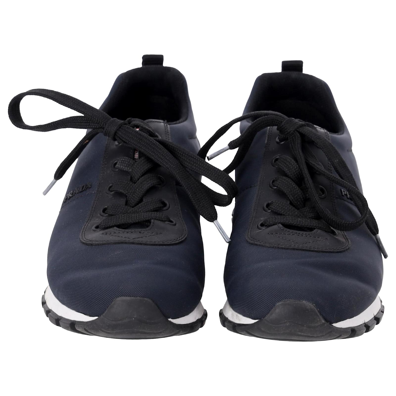 Prada Sport Low Top Lace Up Sneakers in Navy Blue Canvas and