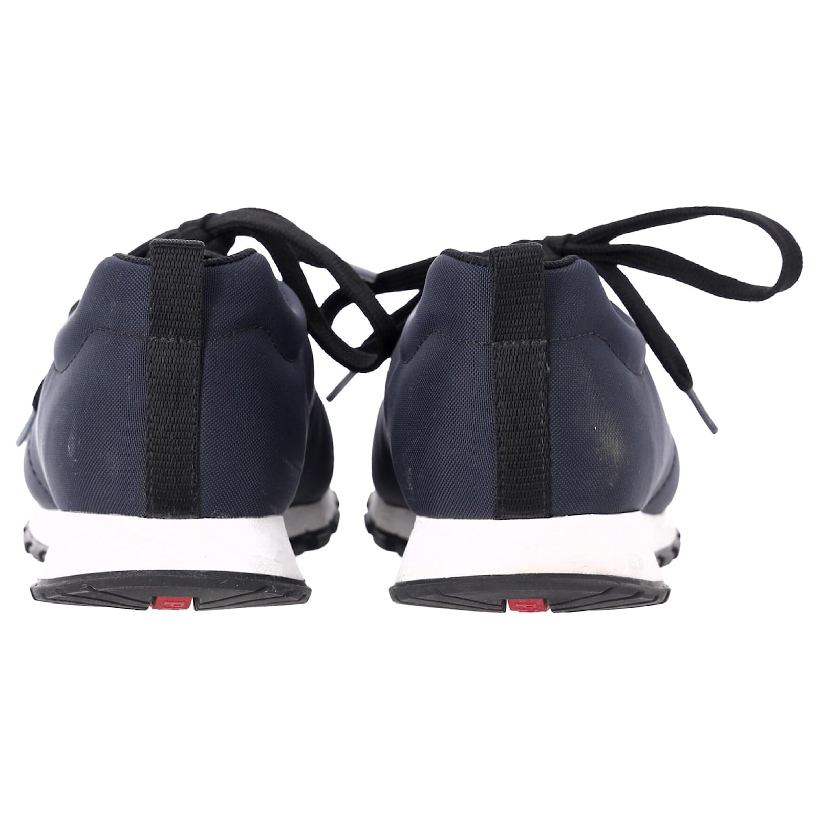 Prada Sport Low Top Lace Up Sneakers in Navy Blue Canvas and