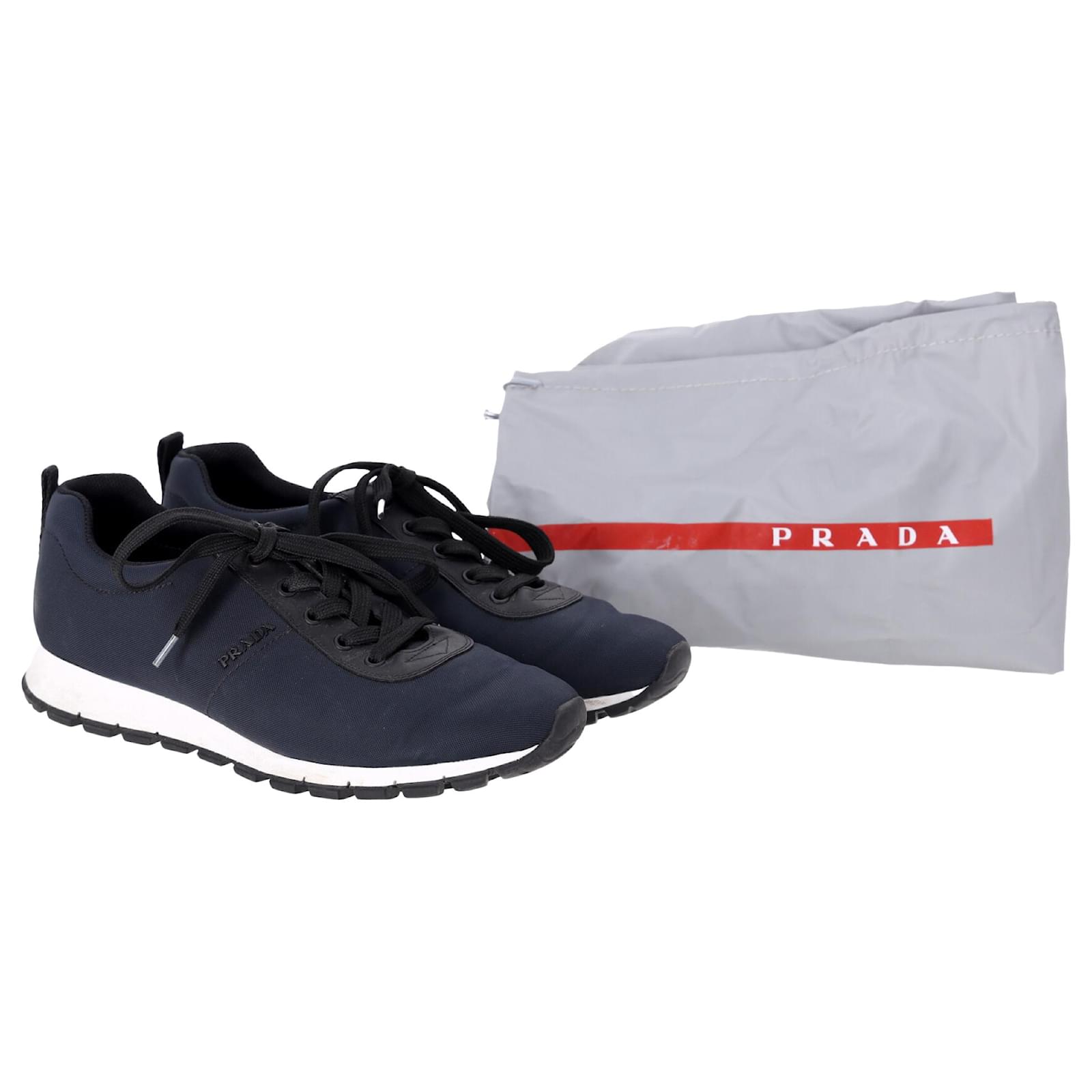 Prada Sport Low Top Lace Up Sneakers in Navy Blue Canvas and