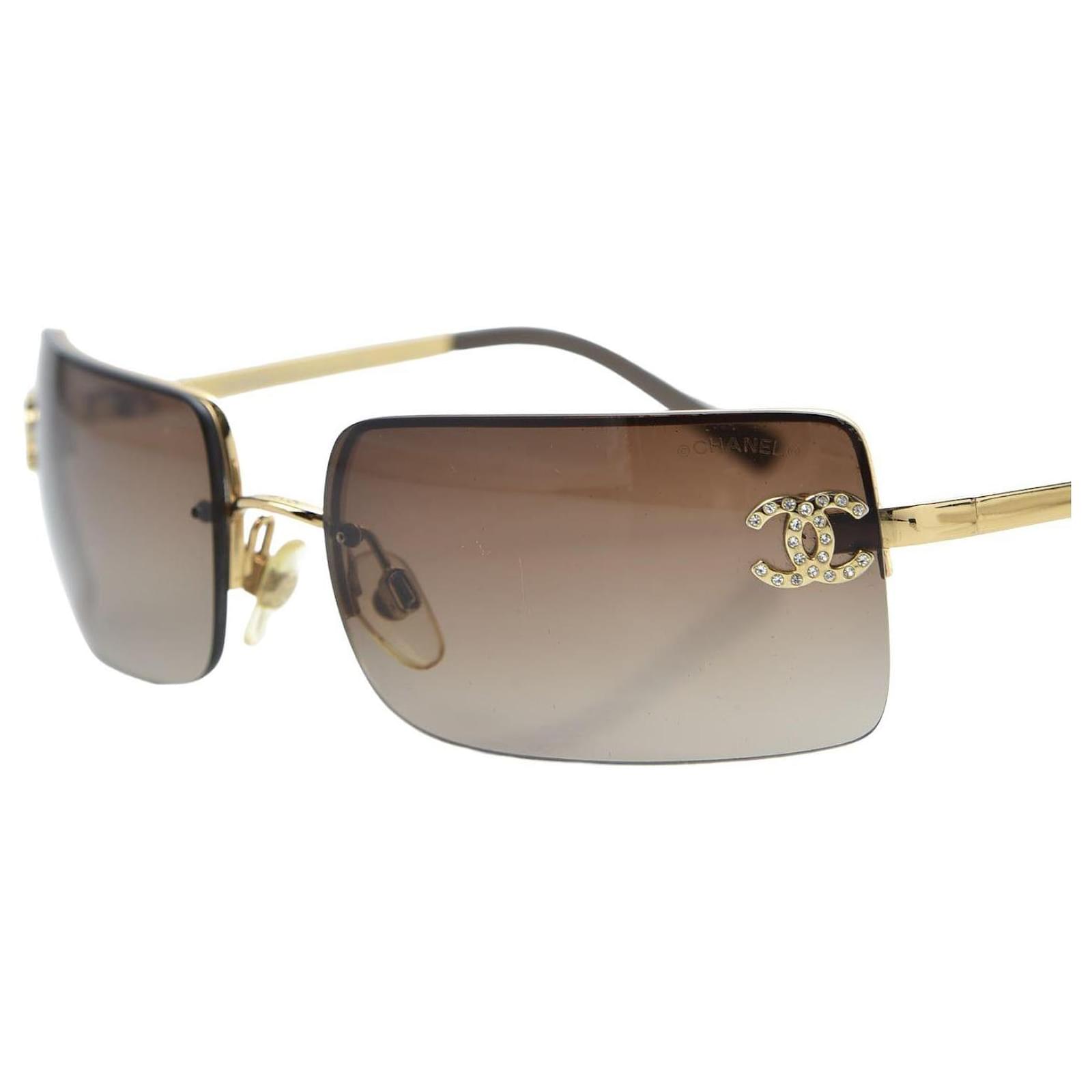 Chanel CC Logo Rhinestone Sunglasses 4104-B Brown Golden Plastic