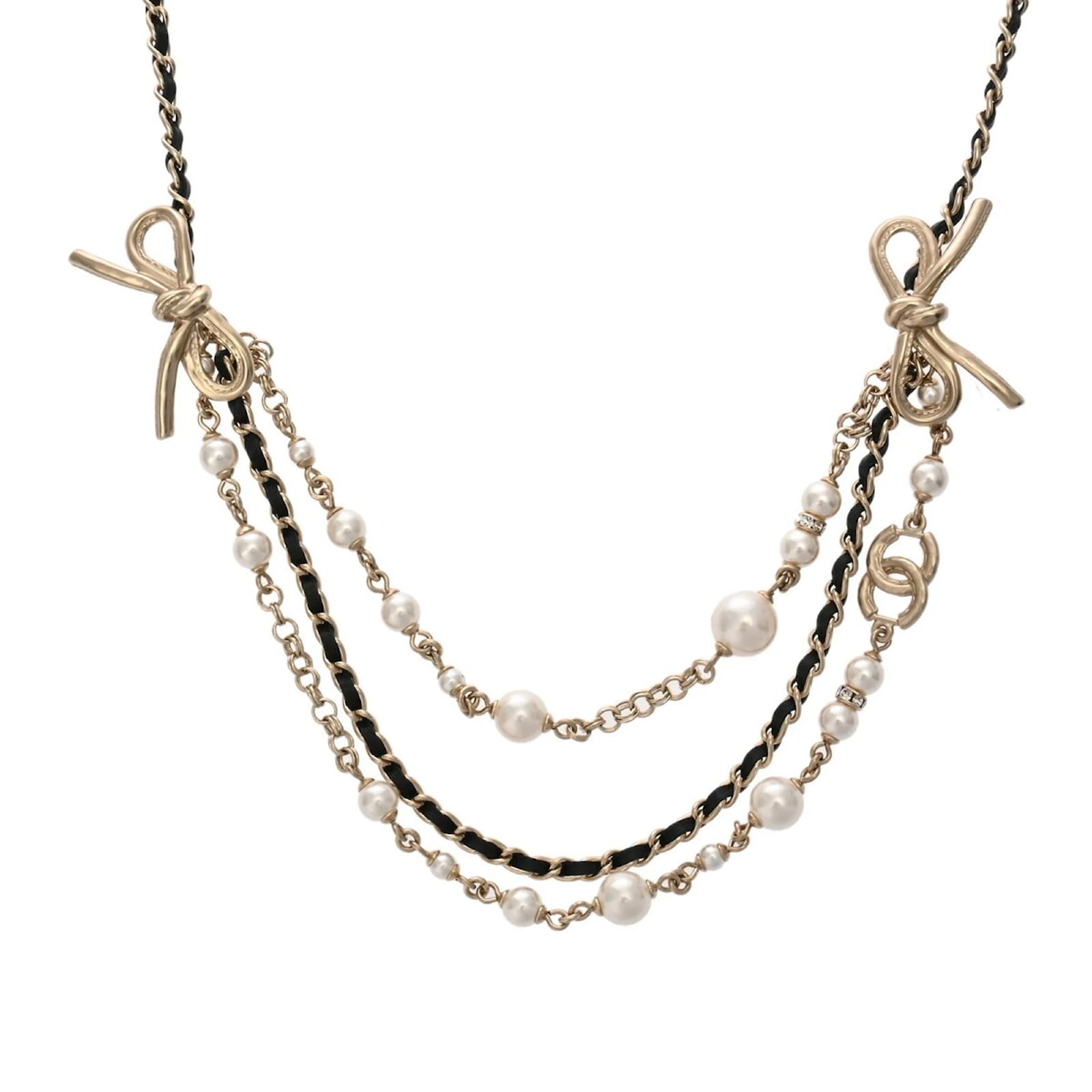 Chanel Ribbon Coco Mark Fake Pearl Necklace Leather Gold-plated