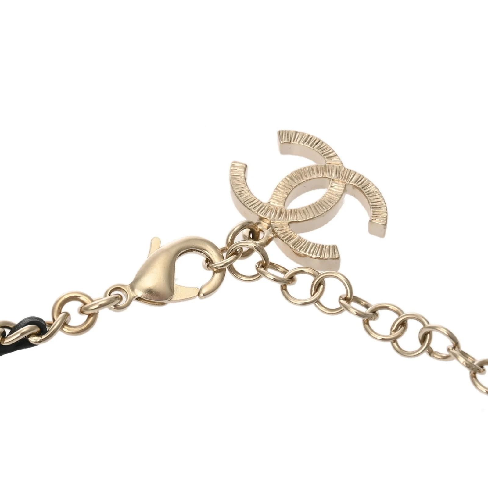 Chanel Ribbon Coco Mark Fake Pearl Necklace Leather Gold-plated