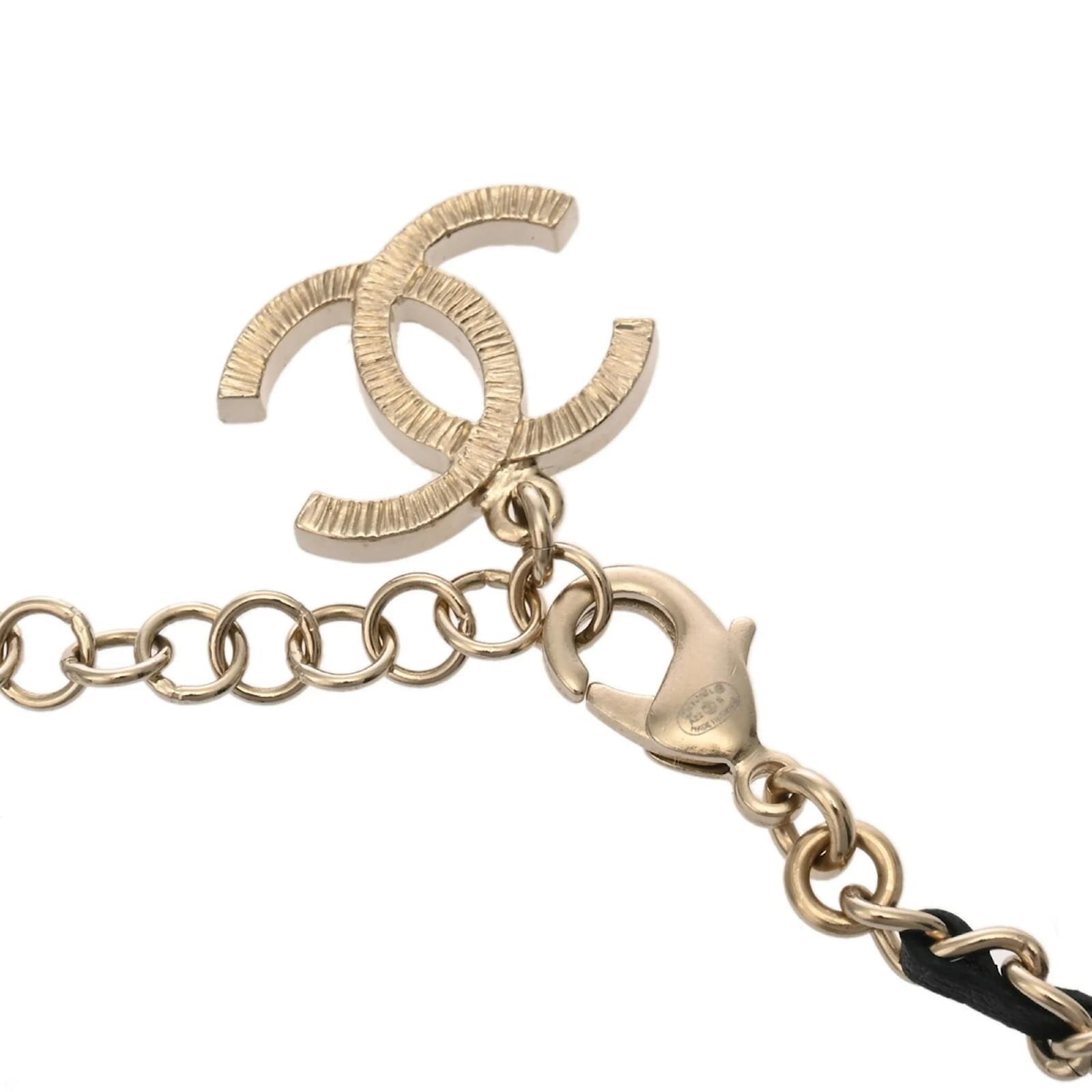 Chanel Ribbon Coco Mark Fake Pearl Necklace Leather Gold-plated