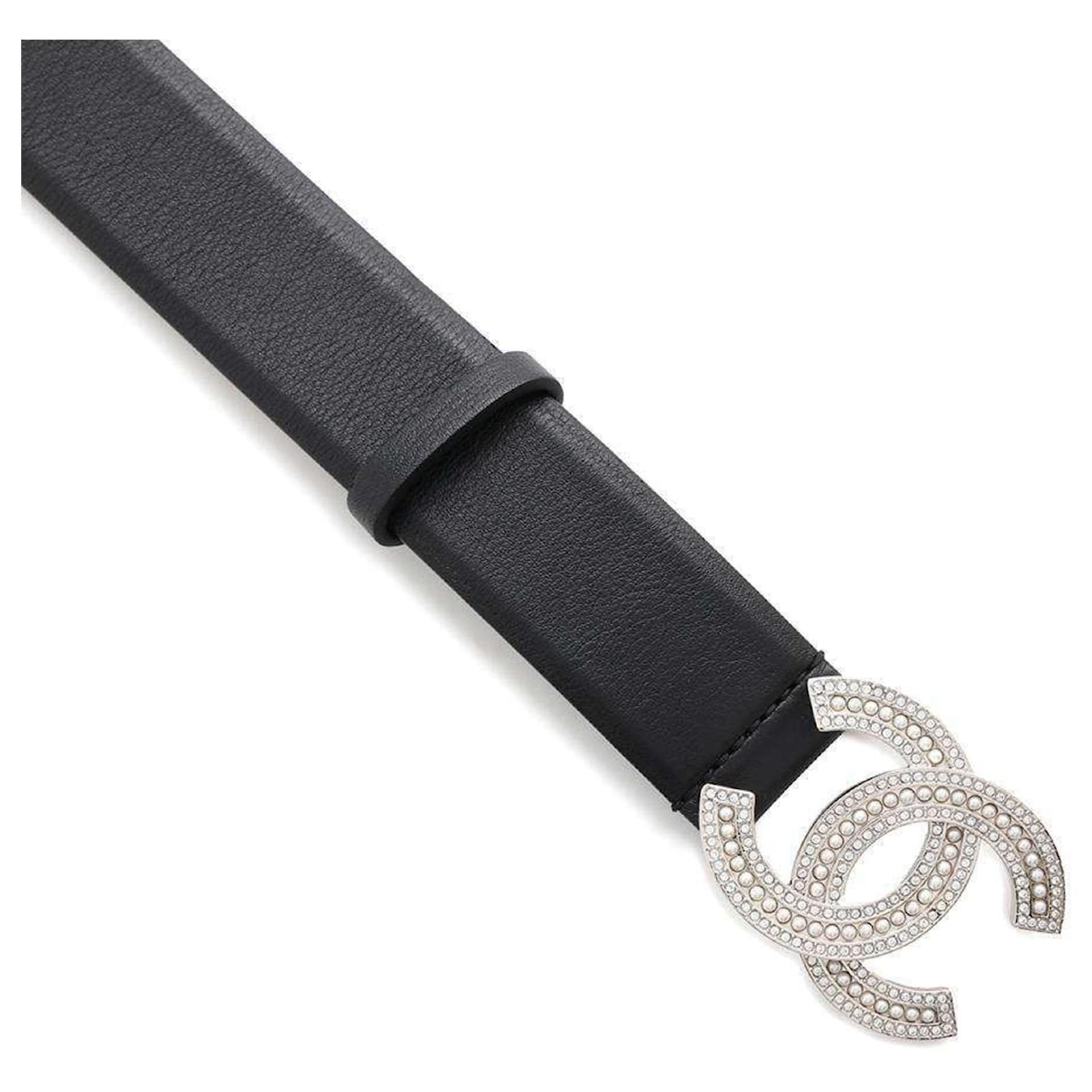 Chanel Black Leather Belt with Faux Pearl and Rhinestone ref