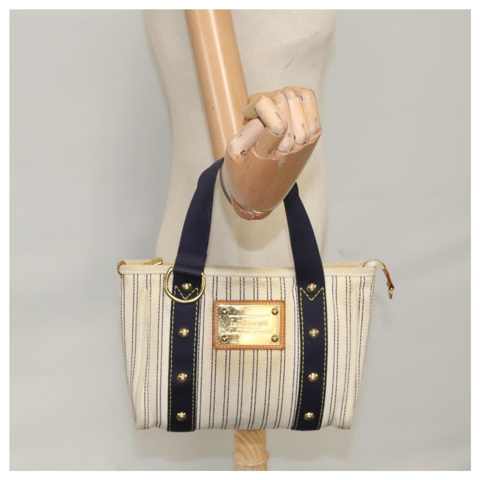 LOUIS VUITTON Antigua Cabas PM Tote Bag White Navy M40134 LV Auth