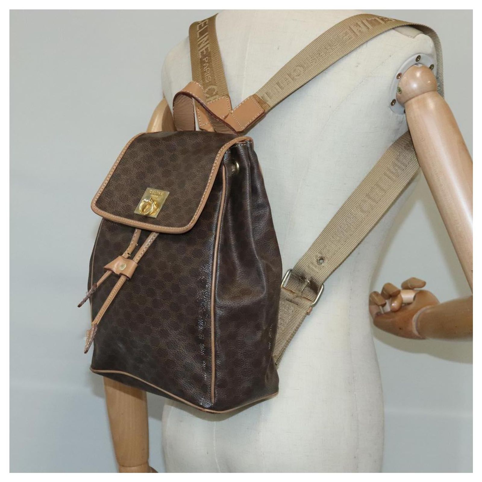 Céline CELINE Macadam Canvas Backpack PVC Leather Brown Gold  display picture 1