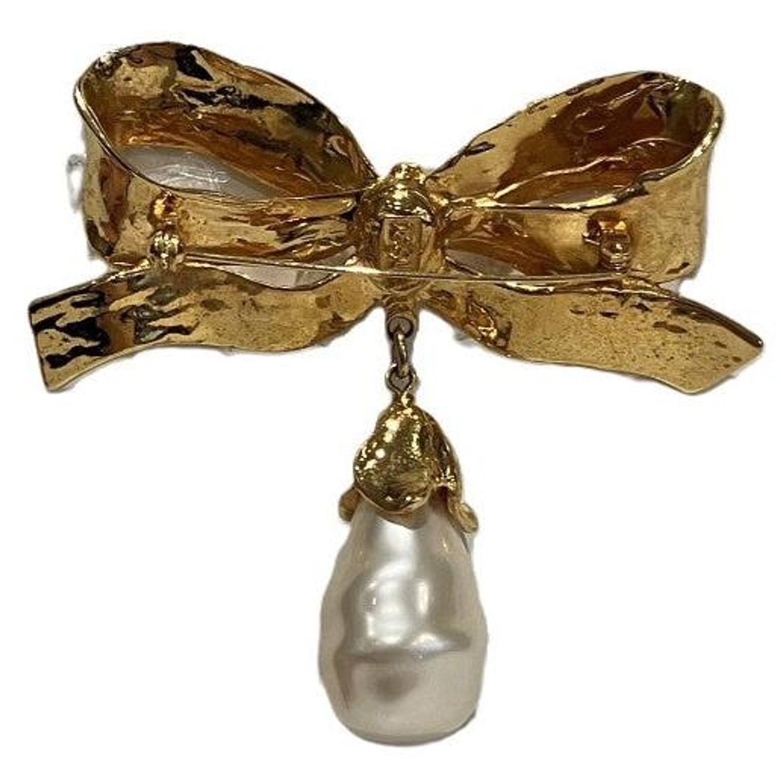 Ysl Ribbon Yves Saint Laurent Gold Ribbon Pearl Brooch Golden Metallic Metal ref ...