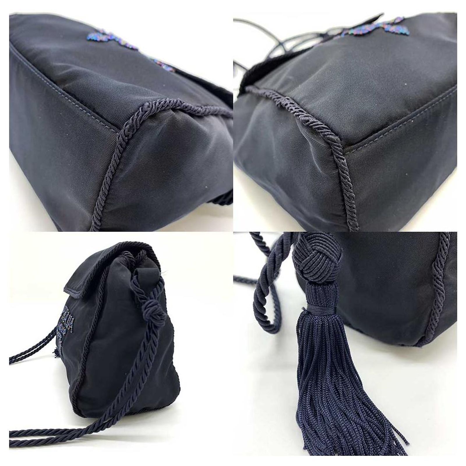 Prada Nylon Mini Shoulder Bag Dark Navy Logo Beads Embroidery Blue 