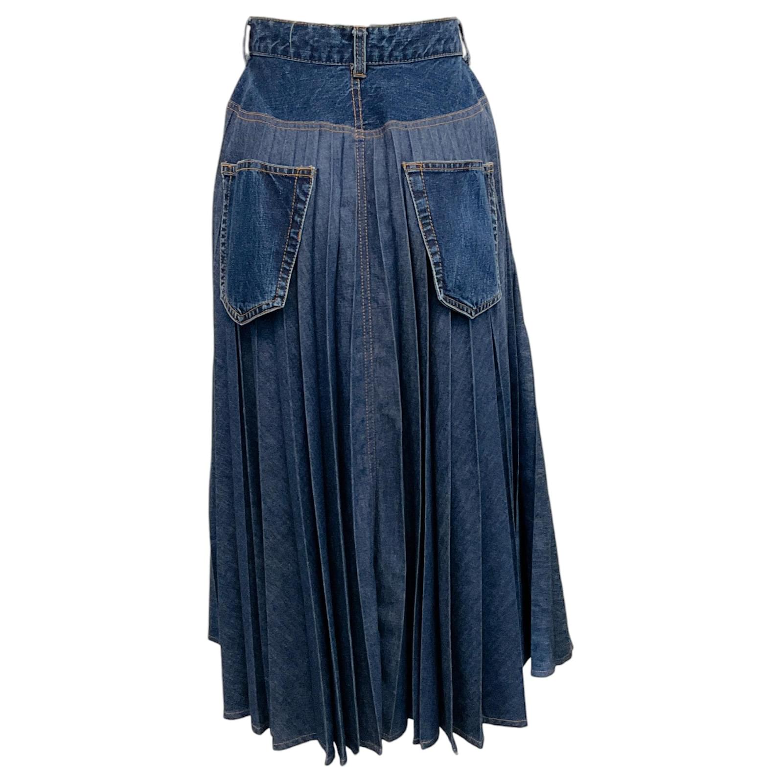 Sacai Blue Denim Pleated Wrap Midi Skirt Cotton ref.1895076