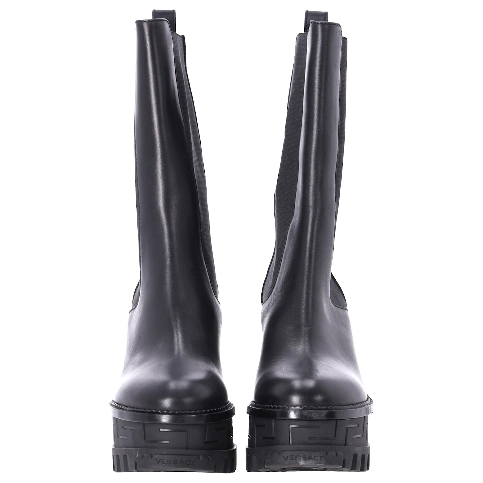 Versace Greca Labyrinth High-Heel Platform Boots in Black Calf